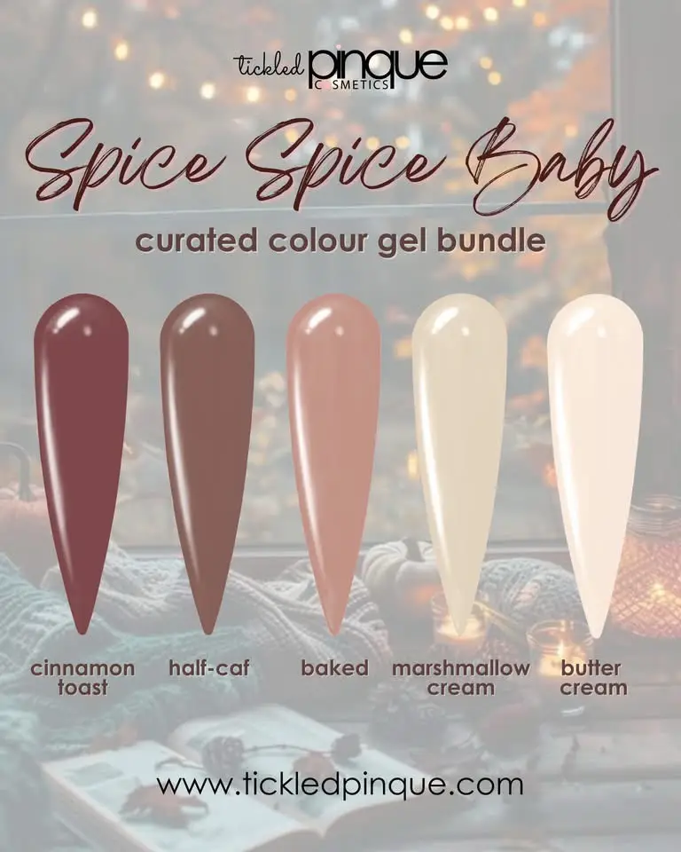 🍂✨ Spice Spice Baby ✨🍂 Your fave catalogue shades, now bundled into the ultimate cozy-chic gel collection - and at a bundle exclusive price 🛍️💖 This set is all about the autumn vibes: ☁️ Marshmallow Crème – soft + dreamy off-white 🍰 Buttercream – rich + creamy like frosting ☕ Half Caf – your latte nude go-to 🍯 Baked – warm caramel brown perfection 🥧 Cinnamon Toast – spicy + sweet, just like fall mornings Why choose one when you can have the whole vibe? Perfect for sweater season, PSL runs, and everything in between 💅🎀 Tap to snag your bundle and spice up your mani the Pinque way 🌸 #SpiceSpiceBaby #FallNails #CozySeason #tickledpinque 