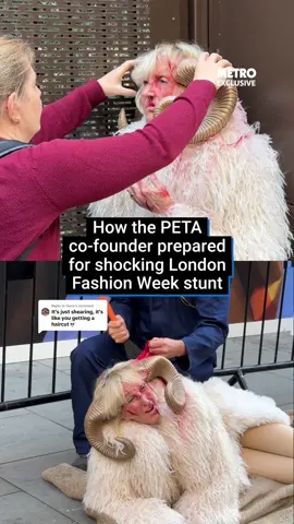 Replying to @Dievs This is how @PETA co-founder Ingrid Newkirk prepared for a shocking protest, re-enacting the process used to collect Cashmere.  A make up artist applied fake wounds such as those suffered by the goats and Ingrid took the time to watch footage from PETA’s investigation of the animals suffering before heading out. While PETA says their action is aimed ‘at all designers and attendees’, the 10 am show at the New Gen space – where this protest took place– is a knitwear designer who specialises in wool and cashmere. 🎥: @Zineb  #peta #londonfashionweek #ingridnewkirk #cashmere 