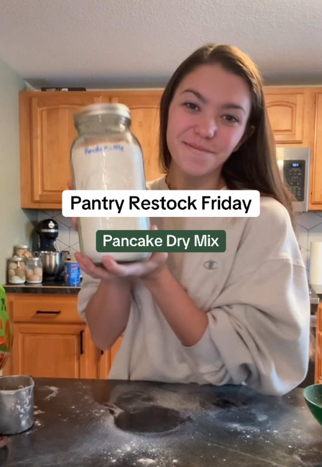These will be the best pancakes you’ve ever had😝 Pancake Dry Mix👇🏼 6 cups flour 1/3 cup sugar 1/4 cup baking powder 2 tsp salt Mix all ingredients and store in a half gallon mason jar . To make: combine 2 cups dry mix, 1 1/4 cups milk, 3 tbsp melted butter, 1 egg, and 1 tsp vanilla. Combine ingredients to make a smooth batter.  Cook on a griddle for one to three minutes on each side or until golden brown.  ✨Make sure to follow  so you don’t miss next weeks restock recipe. #drymix #homemaderecipe #ingredientsmatter #EasyRecipe #pancakes 