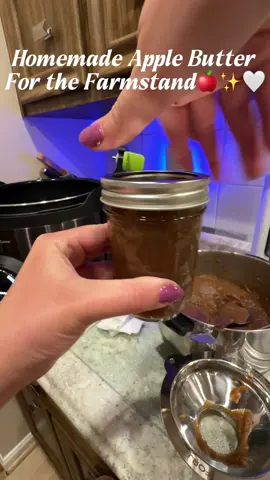 Tastes so yummy! Recipe below⬇️🍎 🍎6lbs of Gala apples peeled, cored, and chopped ( came out to 3 3lb bags) 🍎1 cup of granulated sugar 🍎1 cup of brown sugar 🍎1tbsp of cinnamon  🍎1/2 tsp of nutmeg 🍎1/4 tsp of cloves 🍎1/4 tsp salt 🍎1tbsp of vanilla bean paste  🍎Add to a pot and simmer on low-medium heat for 3-4 hours with the lid on, stir often 🍎Once you hit 4 hours take the lid off and simmer for 3-4 hours with the lid off to allow the liquids to evaporate  🍎Once your apples are a golden brown color, immersion blend for 7-10 minutes until nice and velvety  🍎place on low heat again and thicken to your desired consistency 🍎Prepare your mason jars per usual and water bath can for 10 minutes!🍎 Recipe from @McKenna Barry!  #farmstand #applebutter #fallrecipes #cottagebaker #fallflavors 