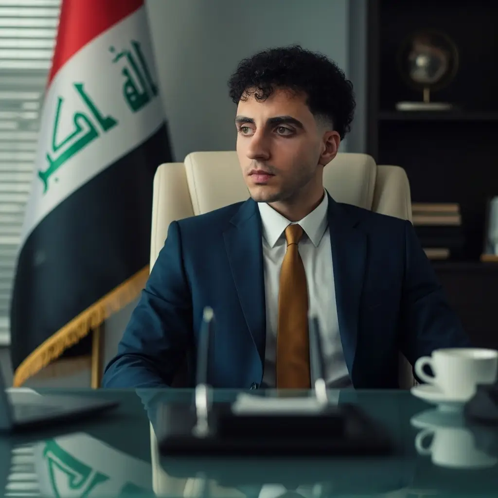 A cinematic portrait of an Iraqi politician in a modern executive chair upholstered in cream leather, positioned behind a glass-top desk with chrome edges. Shot from a slightly low-angle perspective to convey power and leadership, he wears a dark navy suit with a golden tie, his gaze fixed firmly to the side with a serious demeanor. The Iraqi flag is displayed proudly in the background. The scene is lit with soft, cinematic lighting, highlighting facial details, the glossy reflections of the glass desk, and the textures of the suit. A blurred laptop and coffee cup in the foreground add realism and depth.