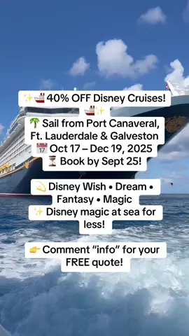 Ready to set sail with a little extra magic? For a very limited time, you can save 40% off voyage fares on select Disney Cruise Line sailings! 🚢⚓ 📍 Departures from Port Canaveral, Ft. Lauderdale, and Galveston 📅 Travel dates: October 17 – December 19, 2025 ⏳ Book by September 25, 2025 to secure these savings! Choose from the Disney Wish, Disney Dream, Disney Fantasy, or Disney Magic and experience unforgettable days at sea—character meet & greets, Broadway-style shows, island getaways, and all the Disney fun your family could dream of. 🏝️🌟 ✨ These deals won’t last—cabins will fill quickly!#sunshineandsuitcasestravel #CruiseTok #familyvacation #disneycruiseline 