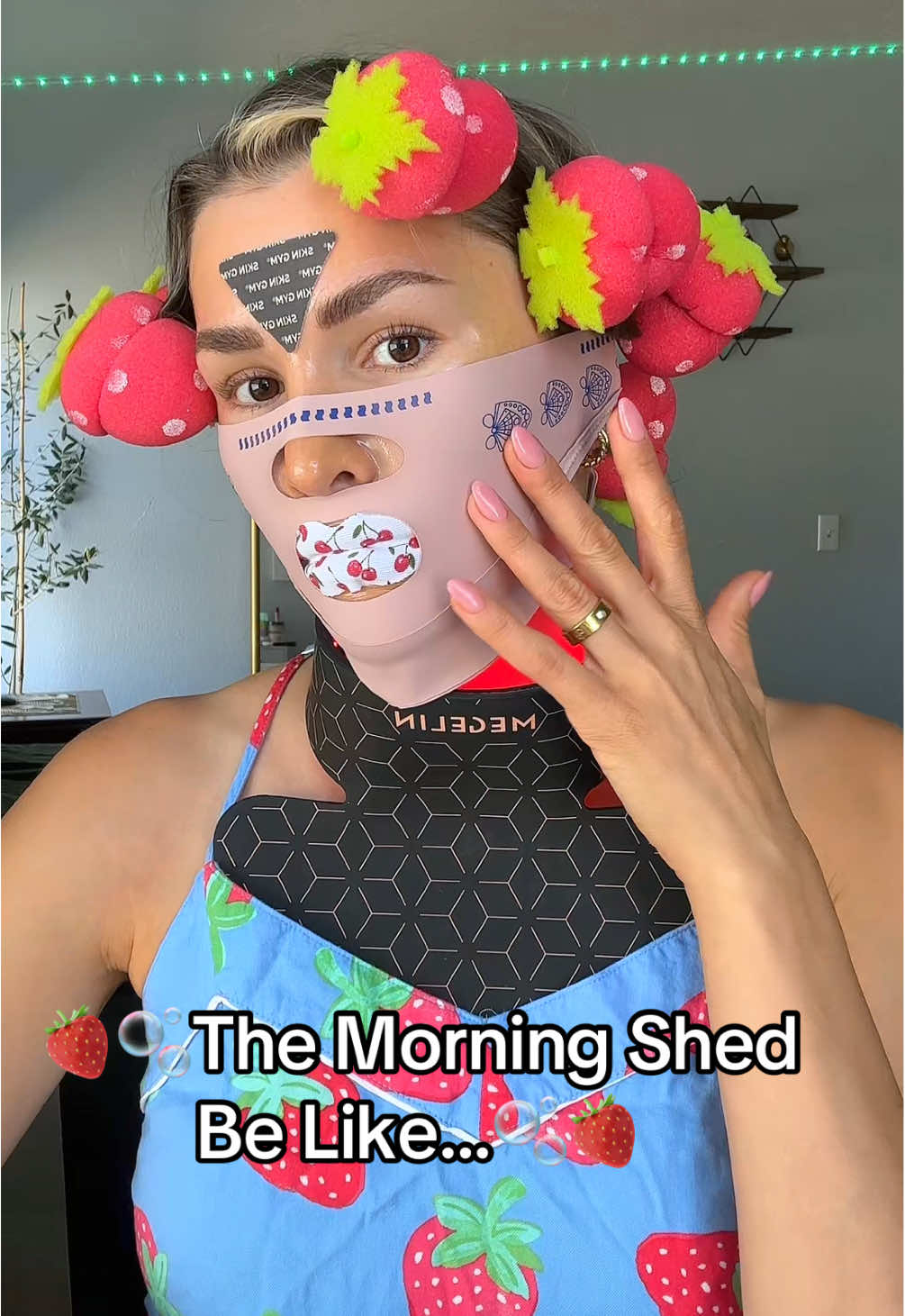 The strawberry hair rollers really surprised me this time 🍓😌 (for entertainment purposes only) #morningshed #selfcareroutine #glowuptips #chinstrap #overnightpeeloffmask #strawberryhairrollers #facetapeforwrinkles #mouthtape #castoroilforstomach #heatlesscurls  