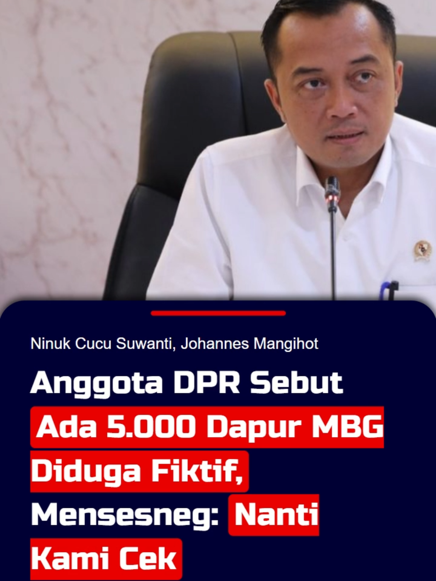 Anggota DPR Sebut Ada 5.000 Dapur MBG Diduga Fiktif, Mensesneg: Nanti Kami Cek Menteri Sekretaris Negara (Mensesneg) Prasetyo Hadi mengaku bakal mengecek dugaan temuan dapur fiktif program Makan Bergizi Gratis (MBG).  Hal ini menyusul tuduhan yang dikemukakan anggota Komisi IX DPR RI Nurhadi terkait dugaan adanya 5.000 titik dapur MBG fiktif dalam rapat dengan BGN pada Senin (15/9/2025). Awalnya, Nurhadi menyinggung temuan ada 5.000 unit dapur MBG yang tidak beroperasi di lapangan. Dia mengatakan ini terjadi karena beberapa oknum diduga tahu seluk-beluk pendirian SPPG di BGN. Sahabat KompasTV juga bisa memperoleh informasi terkini melalui website www.kompas.tv. #makanbergizigratis#dapurmbgfiktif#dapurmbg#dapurmakanbergizigratis#dapurfiktif #makansianggratis #mbgprabowo #mbg #fiktif
