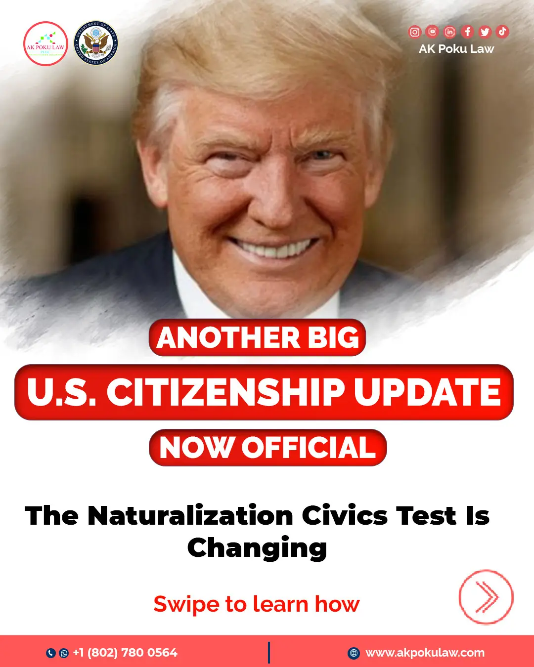 Another big U.S. citizenship update is now official. The naturalization civics test is changing.  ✅ Swipe to learn the changes and how this affects you. ****** If you need help or guidance with any U.S. immigration matters, especially with these major changes, please don't hesitate to reach out. We're always ready to assist you. ☎️☎️+1 (802) 780 0564☎️☎️ 🌍: www.akpokulaw.com 📨: hello@akpokulaw.com Post by Innocentia  From the AK Poku Law Team #akpokulaw #akpoku #AttorneyAK #USCitizenshipUpdate #NaturalizationNews #CivicsTest2025 #ImmigrationUpdates #USCISNews #CitizenshipJourney #ImmigrationLawFam #NaturalizationTest #USImmigrationNews