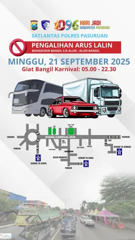 PENGUMUMAN PENGALIHAN ARUS LALU LINTAS BANGIL CARNIVAL. Mohon maaf atas terganggunya waktu perjalanan Anda. Yuk disimak baik-baik ya Sobat. Mulai pukul 05.00 - 22.30 WIB Bagi yang hendak melintas arah ke Banyuwangi dari Surabaya maupun sebaliknya dan melewati jalur kota Bangil. Mohon maaf untuk sementara pada hari minggu tanggal 21 September ruas jalan akan di tutup sementara dan dilakukan rekayasa pengalihan arus lalu lintas. Untuk mobil maupun kendaraan besar bisa melewati jalur Tol Gempol dan jalur Tol PIER Raci. Untuk motor bisa melewati simpang tiga Pagak Beji atau bisa melewati jalur Sukorejo untuk mengarah ke Bangil.  Tetap utamakan keselamatan berlalulintas ya Sobat Lantas. Ayo tertib berlalulintas . Polri Untuk Masyarakat. Polantas Presisi Wujudkan Indonesia Maju. 👮🏼👮🏼👮🏼 #satlantaspolrespasuruan  #humaspolrespasuruan #ditlantaspoldajatim #polantasjatim #poldajatim          