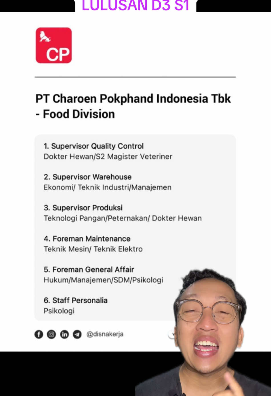 Lowongan Kerja PT Charoen Pokphand Indonesia Tbk - Food Division 1. Supervisor Quality Control Dokter Hewan/S2 Magister Veteriner 2. Supervisor Warehouse Ekonomi/ Teknik Industri/Manajemen 3. Supervisor Produksi Teknologi Pangan/Peternakan/ Dokter Hewan 4. Foreman Maintenance Teknik Mesin/ Teknik Elektro 5. Foreman General Affair Hukum/Manajemen/SDM/Psikologi 6. Staff Personalia Psikologi Lihat detail: https://www.disnakerja.com/lowongan-kerja-pt-charoen-pokphand-indonesia-tbk-food-division-2/ #carikerja #lowongankerja #lokerterbaru #loker2025 #infoloker 