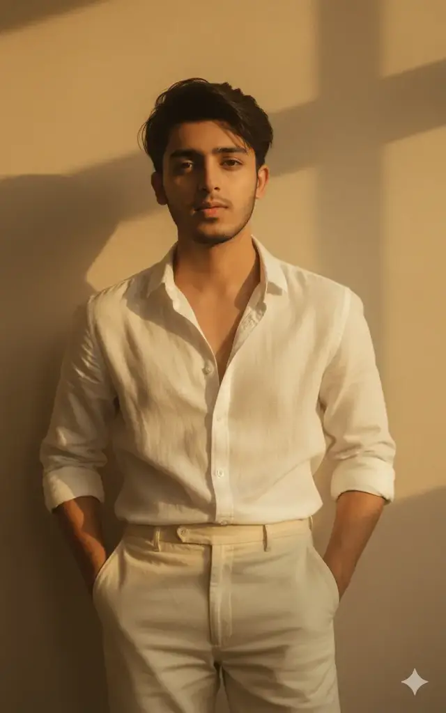 Gemini Photo Edit Prompt: Ultra-realistic 4K portrait of a young Indian man, keeping the uploaded face with 100% accuracy. He is standing casually against a plain textured wall, bathed in soft golden-hour sunlight that creates dramatic warm shadows. He wears a crisp white linen shirt, slightly unbuttoned at the top, paired with high-waisted cream trousers. His hands rest in his pockets, giving a relaxed yet confident retro look. His hair is styled in a tousled, natural way, with sunlight catching the edges. The aesthetic is cinematic, vintage, and editorial, with warm tones, soft grain, and timeless masculine elegance. #kalaiya_muser #growmyaccount #gemini #viral #trending