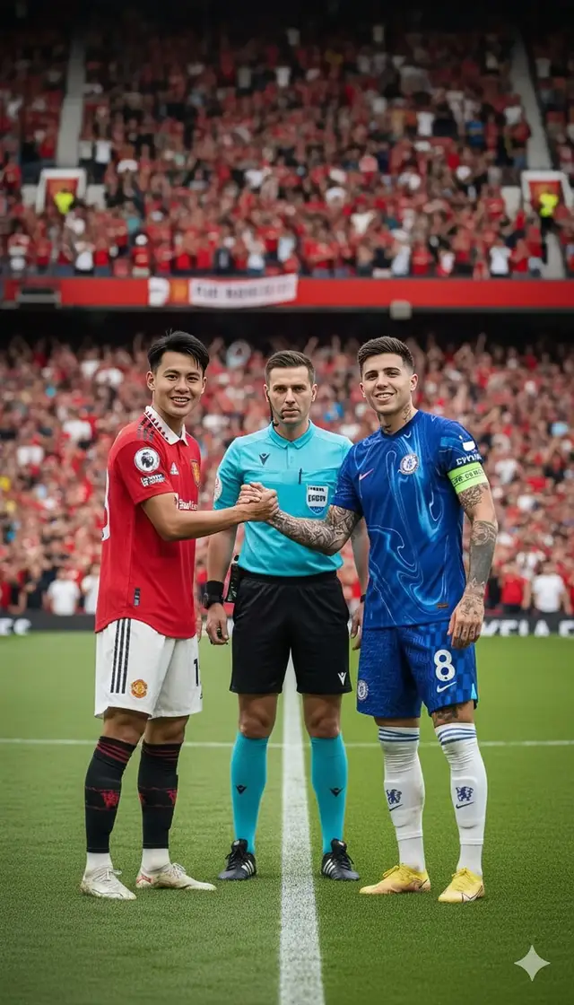 Close-up momen tegang pertandingan sepak bola, dua pemain saling berhadapan dengan ekspresi emosi intens. Pemain pertama [Enzo Fernandez] mengenakan jersey biru Chelsea dengan pola biru muda, logo Premier League di lengan, berdiri tegak menatap lawan. Pemain kedua Jangan rubah wajah dan rambutnya memakai jersey merah Manchester United [Gambar terlampir] dengan nomor punggung 13 bertuliskan 'FERDIANSYAH', menunjuk dengan jari ke arah wajah lawan. Latar belakang stadion penuh penonton kabur (bokeh), suasana panas pertandingan Liga Inggris, realistik, high detail, dramatis, fokus pada ekspresi wajah dan bahasa tubuh kedua pemain.