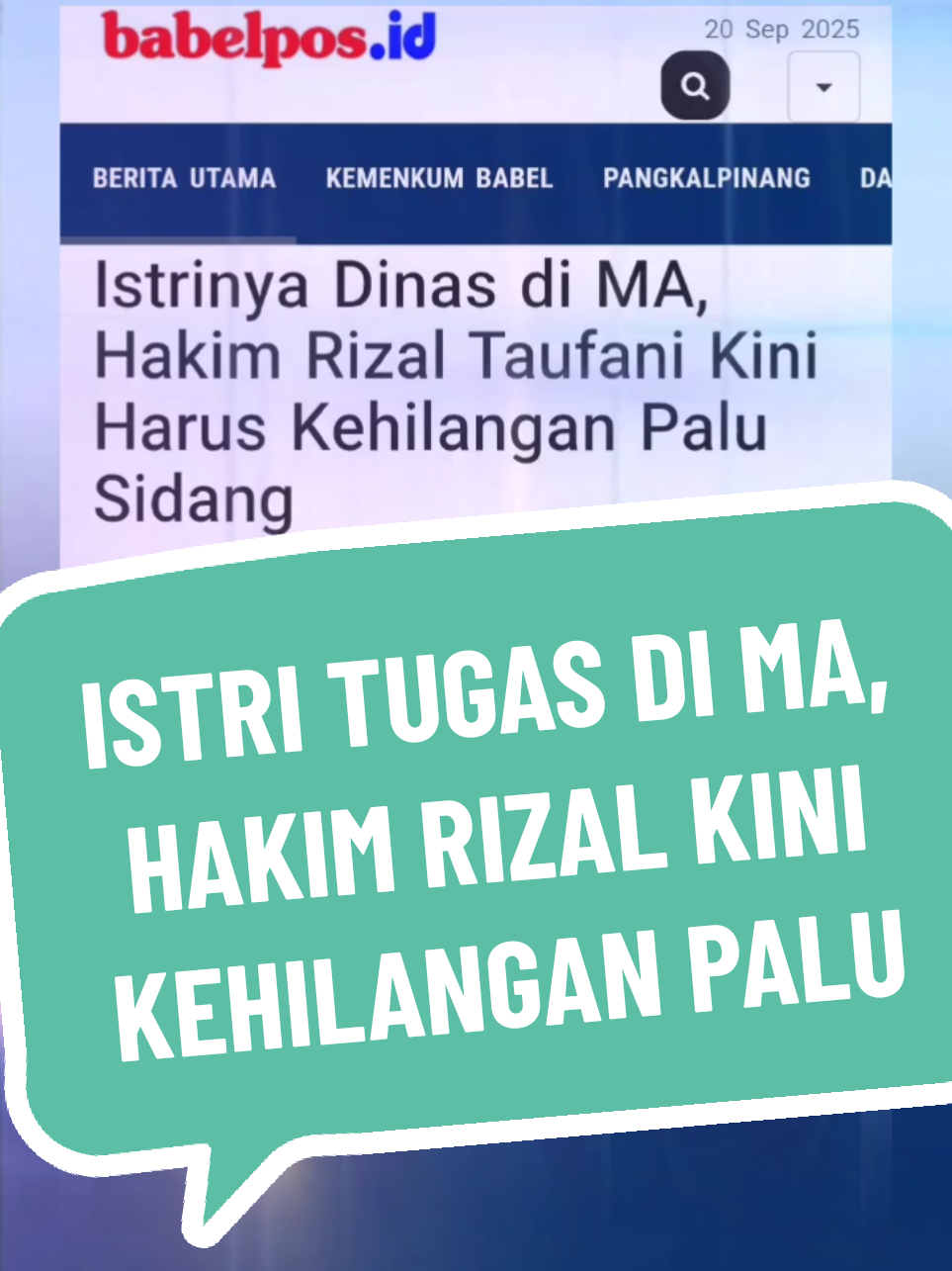 Istrinya Dinas di MA, Hakim Rizal Taufani Kini Harus Kehilangan Palu Sidang BABELPOS.ID, PANGKALPINANG –Sanksi hukuman 2 tahun non palu yang dijatuhkan oleh Badan Pengawasan Mahkamah Agung (MA) RI terhadap mantan hakim Pengadilan Negeri (PN) Koba, Rizal Taufani, bukan hal yang mengejutkan bagi publik. Mengingat Rizal Taufani yang juga mantan Ketua PN itu kerap membuat vonis hukuman yang penuh kontroversi dalam perkara timah. Dalam catatan media terdapat sedikitnya 2 vonis  bebas terhadap perkara timah yang saat itu menjadi sorotan publik. Masih segar diingatan publik di bulan Agustus  2023 lalu, Rizal Taufani selaku ketua majelis beranggota hakim Trema Femula Grafit -waka PN Koba- dan Derit Werdini memvonis bebas 2 perkara timah dengan terdakwa  Suratno als Akon Anak dari Sung Sak Men. Akon sendiri merupakan adik kandung dari Athaw salah satu cukong besar timah.  Sebelumnya 