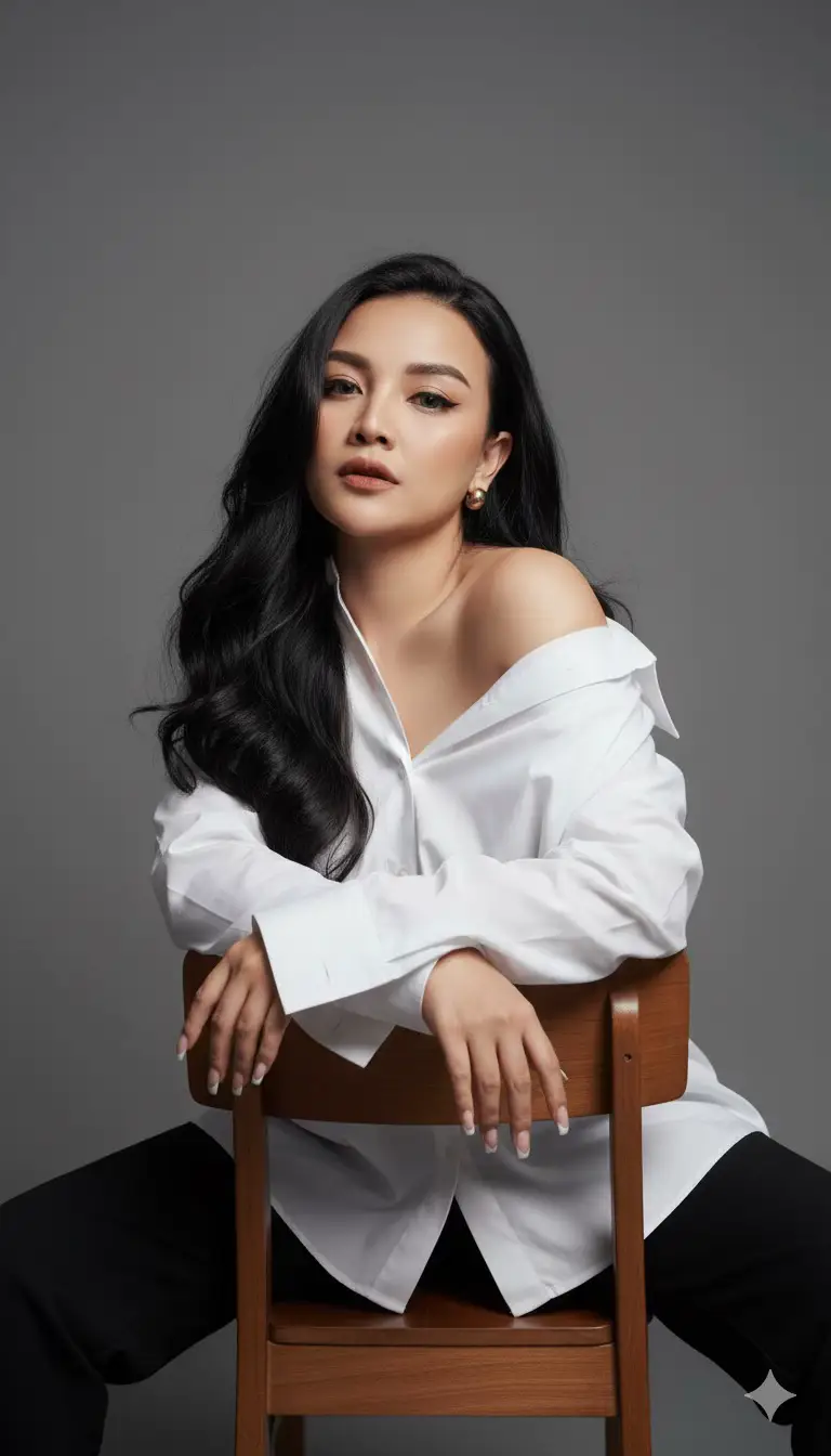 This photo depicts a woman with an elegant and confident aura. She sits on a wooden chair in a graceful yet relaxed pose. Her long hair falls beautifully to the side, giving a natural yet glamorous look. The woman wears a loose white shirt with bare shoulders, creating a minimalist yet sexy and classy look. Her makeup is bold yet natural, with a touch of bold lipstick adding to the allure. The plain gray background draws full focus on her, enhancing the dramatic, modern, and professional feel of a fashion editorial shoot. -Dont forget to Follow, Share and Comment ur result ✨ #chic #trending #fyp 