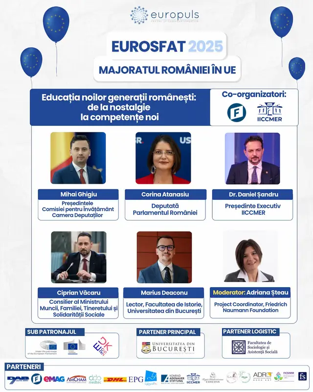 📖 Educația noilor generații românești – de la nostalgie la competențe noi | EUROSFAT 2025 - Majoratul României în UE Pe 22 septembrie, între 13:30-15:00, în cadrul EUROSFAT 2025, vă invităm la o discuție esențială despre rolul educației în formarea noilor generații și consolidarea democrației în România. Într-un peisaj social și politic complex, marcat de provocări globale și tensiuni interne, este crucial să ne întrebăm cum dobândesc tinerii competențele necesare pentru realitatea de astăzi și de mâine. Educația democratică și civică – atât formală, cât și nonformală – are puterea de a forma cetățeni critici, implicați și rezilienți. În cadrul acestei sesiuni vom explora cum poate educația să contracareze narativele istorice distorsionate și nostalgia comunismului.  ❓ Cum poate România să transforme educația într-un instrument nu doar de transmitere a cunoștințelor, ci și de consolidare a valorilor democratice și a spiritului civic? Vorbitorii alături de care vom dezbate acest subiect sunt: 🔷 Mihai Ghigiu, Președintele Comisiei pentru Învățământ, Camera Deputaților 🔷 Corina Atanasiu, Deputată, Parlamentul României 🔷 Dr. Daniel Șandru, Președinte Executiv, IICCMER 🔷 Ciprian Văcaru, Consilier al Ministrului Muncii, Familiei, Tineretului și Solidarității Sociale 🔷 Marius Deaconu, Lector, Facultatea de Istorie, Universitatea din București 🔵 Moderator: Adriana Șteau, Project Coordinator, Friedrich Naumann Foundation Această sesiune este co-organizată de Fundația Friedrich Naumann și Institutul de Investigare a Crimelor Comunismului și Memoria Exilului Românesc (IICCMER).  🔗 Descoperă programul complet și înscrie-te pe linkul din comentarii! #EUROSFAT2025 #ForumulEUROSFAT #majoratROUE