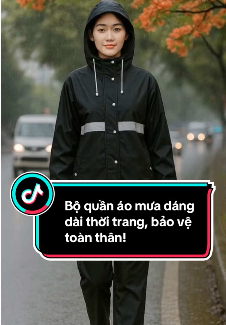 Bộ quần áo mưa dáng dài thời trang, bảo vệ toàn thân #thoitrangbonmua #xuhuong 