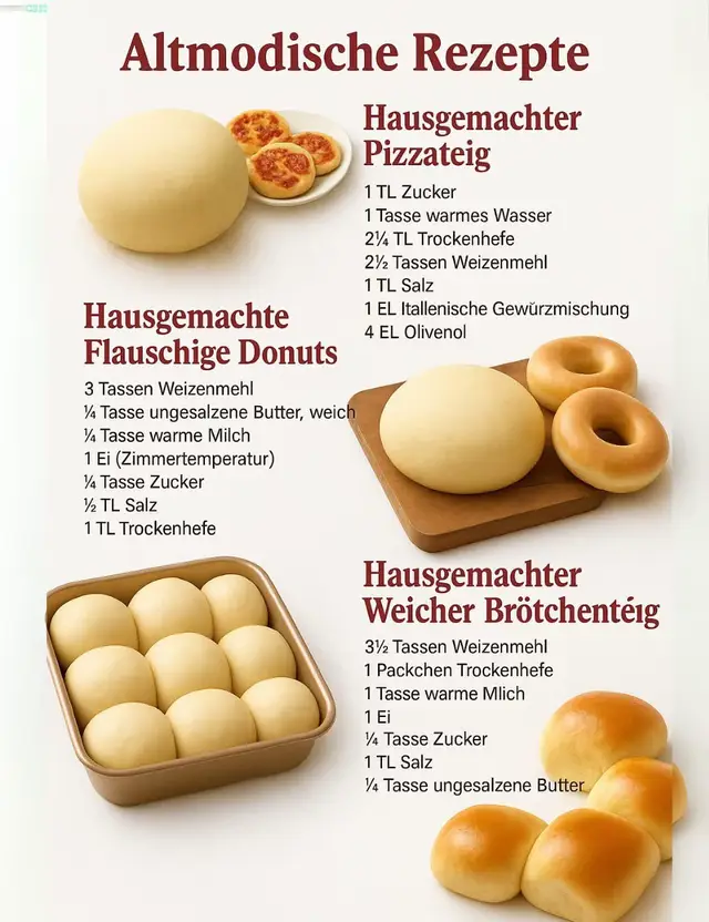 Hausgemachter Pizzateig 🍕 Zutaten: 1 TL Zucker 1 Tasse warmes Wasser 2¼ TL Trockenhefe 2½ Tassen Weizenmehl 1 TL Salz 1 EL Italienische Gewürzmischung 4 EL Olivenöl Zubereitung: Zucker im warmen Wasser auflösen und die Hefe einrühren. 5–10 Minuten stehen lassen, bis sich Blasen bilden. Mehl, Salz und italienische Gewürze in einer Schüssel mischen. Hefemischung und Olivenöl dazugeben und zu einem glatten Teig kneten. Mit einem Tuch abdecken und 1 Stunde an einem warmen Ort gehen lassen, bis sich das Volumen verdoppelt hat. Nach Wunsch ausrollen, belegen und bei 220 °C backen. Hausgemachte Flauschige Donuts Zutaten: 3 Tassen Weizenmehl ¼ Tasse ungesalzene Butter, weich ¼ Tasse warme Milch 1 Ei (Zimmertemperatur) ¼ Tasse Zucker ½ TL Salz 1 TL Trockenhefe Zubereitung: Hefe in der warmen Milch mit etwas Zucker auflösen, 10 Minuten stehen lassen. Mehl, Zucker und Salz in einer Schüssel mischen. Ei und Butter hinzufügen, dann die Hefemilch dazugeben und alles zu einem elastischen Teig kneten. Abdecken und 1 Stunde gehen lassen, bis sich der Teig verdoppelt hat. Teig ausrollen, Donuts ausstechen und nochmals 20–30 Minuten ruhen lassen. In heißem Öl goldbraun ausbacken und nach Wunsch mit Zucker bestreuen oder glasieren. Hausgemachter Weicher Brötchenteig Zutaten: 3½ Tassen Weizenmehl 1 Päckchen Trockenhefe 1 Tasse warme Milch 1 Ei ¼ Tasse Zucker 1 TL Salz ¼ Tasse ungesalzene Butter Zubereitung: Hefe in der warmen Milch mit etwas Zucker auflösen, 10 Minuten stehen lassen. Mehl, restlichen Zucker und Salz in einer Schüssel vermischen. Ei, Butter und Hefemilch dazugeben, alles zu einem geschmeidigen Teig kneten. Abgedeckt an einem warmen Ort 1 Stunde gehen lassen. Den Teig in kleine Stücke teilen, zu Kugeln formen und in eine eingefettete Form legen. Weitere 30 Minuten gehen lassen, dann bei 180 °C etwa 20–25 Minuten goldbraun backen. Hausgemachter Pizzateig 🍕 Zutaten: 1 TL Zucker 1 Tasse warmes Wasser 2¼ TL Trockenhefe 2½ Tassen Weizenmehl 1 TL Salz 1 EL Italienische Gewürzmischung 4 EL Olivenöl Zubereitung: Zucker im warmen Wasser auflösen und die Hefe einrühren. 5–10 Minuten stehen lassen, bis sich Blasen bilden. Mehl, Salz und italienische Gewürze in einer Schüssel mischen. Hefemischung und Olivenöl dazugeben und zu einem glatten Teig kneten. Mit einem Tuch abdecken und 1 Stunde an einem warmen Ort gehen lassen, bis sich das Volumen verdoppelt hat. Nach Wunsch ausrollen, belegen und bei 220 °C backen. Hausgemachte Flauschige Donuts Zutaten: 3 Tassen Weizenmehl ¼ Tasse ungesalzene Butter, weich ¼ Tasse warme Milch 1 Ei (Zimmertemperatur) ¼ Tasse Zucker ½ TL Salz 1 TL Trockenhefe Zubereitung: Hefe in der warmen Milch mit etwas Zucker auflösen, 10 Minuten stehen lassen. Mehl, Zucker und Salz in einer Schüssel mischen. Ei und Butter hinzufügen, dann die Hefemilch dazugeben und alles zu einem elastischen Teig kneten. Abdecken und 1 Stunde gehen lassen, bis sich der Teig verdoppelt hat. Teig ausrollen, Donuts ausstechen und nochmals 20–30 Minuten ruhen lassen. In heißem Öl goldbraun ausbacken und nach Wunsch mit Zucker bestreuen oder glasieren. Hausgemachter Weicher Brötchenteig Zutaten: 3½ Tassen Weizenmehl 1 Päckchen Trockenhefe 1 Tasse warme Milch 1 Ei ¼ Tasse Zucker 1 TL Salz ¼ Tasse ungesalzene Butter Zubereitung: Hefe in der warmen Milch mit etwas Zucker auflösen, 10 Minuten stehen lassen. Mehl, restlichen Zucker und Salz in einer Schüssel vermischen. Ei, Butter und Hefemilch dazugeben, alles zu einem geschmeidigen Teig kneten. Abgedeckt an einem warmen Ort 1 Stunde gehen lassen. Den Teig in kleine Stücke teilen, zu Kugeln formen und in eine eingefettete Form legen. Weitere 30 Minuten gehen lassen, dann bei 180 °C etwa 20–25 Minuten goldbraun backen.
