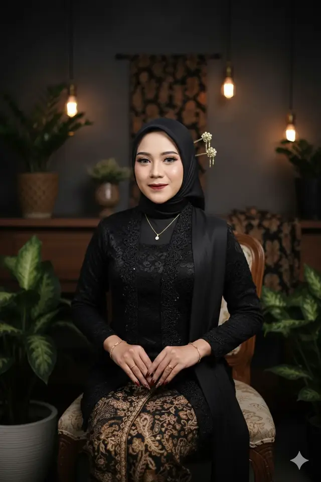 Teks prompt: ubahlah foto ini dengan kualitas HD menjadi foto wanita muda di studio khas adat jawa yang modern dengan badan agak berisi memakai kebaya janggan warna hitam jilbab hitam, selendang dan jarik menyesuaikan kebayanya, berhijab dengan 3 tusuk konde panjang warna emas di hijabnya, pose elegan suasana misterius namun classy, memakai make up bold dan jangan ubah wajahnya #fyppppppppppppppppppppppp #jawapride #laguviral #gemini #geminiai 