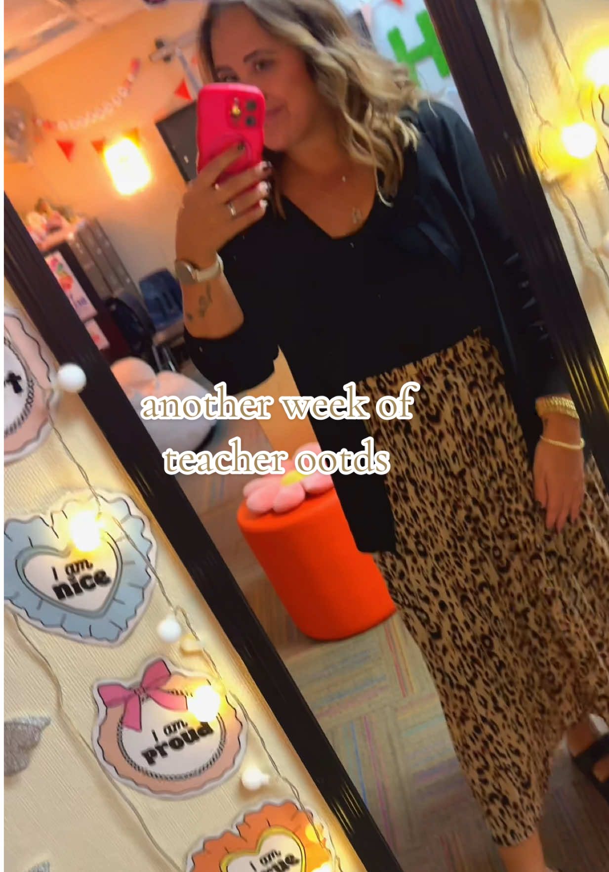 Well a partial week because I ended up with bronchitis YAY!  Instarted the week with cheetah print for dot day then we had some themed days for it starts with hello week.  I really loved these black and white track pants they were so comfy and would be super easy to dress up (I just needed to wear a work tee this day)  #mystyle #lookforless #whatimwearing #teacherstyle #OOTD 