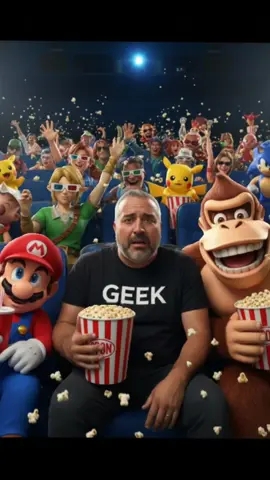#viral #gemini #mario #prompt #fyp  Photo ultra réaliste en 16K, format horizontal 16:9, ambiance cinématographique humoristique. Scène : à l’intérieur d’une salle de cinéma sombre, sièges bleus visibles en arrière-plan, remplie de personnages de jeux vidéos en train de s’amuser. Personnage central :  moi(photo) gêné   , vêtu d’un t-shirt noir simple marqué geek, tenant un grand seau de pop-corn à rayures rouges et blanches dans une main.  De chaque côté de moi : deux personnages, détaillés. 	•	À gauche : Mario bros , un gobelet rouge de soda dans une main. Expression maligne 	•	À droite : DONKEY Kong   hilare, tenant son propre seau de pop-corn. Son sourire est large et sensuel, dents brillantes. En arrière-plan : d’autres personnages apparaissent dans les sièges du cinéma, certains portent des lunettes 3D, d’autres jettent du pop-corn en l’air, créant une ambiance chaotique et festive. Éclairage : cinématique, venant principalement de l’écran de cinéma invisible devant eux, avec des reflets lumineux sur les visages et les seaux de pop-corn. Les détails sont extrêmement réaliste. Atmosphère joyeuse, décalée et légèrement absurde, mélange d’innocence et de chaos.