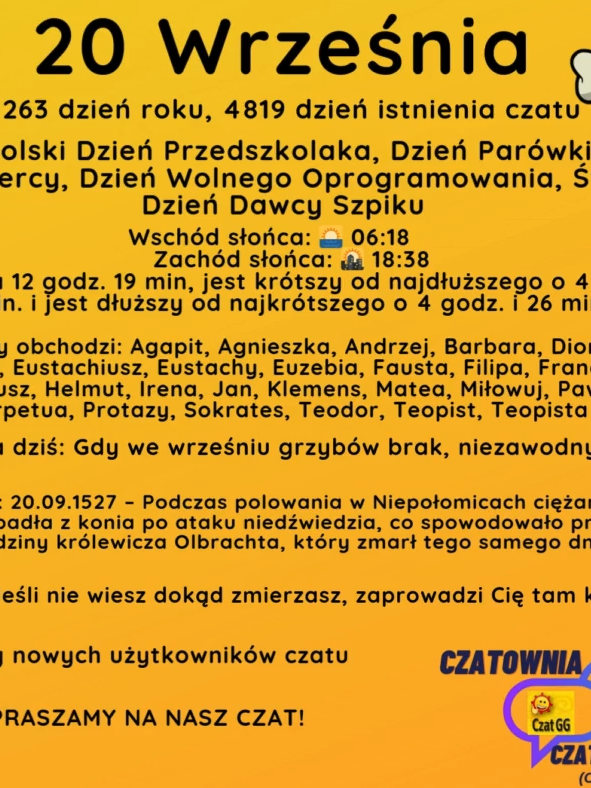 20 Września 263 dzień roku, 4819 dzień istnienia czatu Ogólnopolski Dzień Przedszkolaka, Dzień Parówki, Dzień Parówkożercy, Dzień Wolnego Oprogramowania, Światowy Dzień Dawcy Szpiku Wschód słońca: 🌅 06:18       Zachód słońca: 🌇 18:38 Dzień trwa 12 godz. 19 min, jest krótszy od najdłuższego o 4 godz. i 16 min. i jest dłuższy od najkrótszego o 4 godz. i 26 min. Imieniny obchodzi: Agapit, Agnieszka, Andrzej, Barbara, Dionizy, Eustachia, Eustachiusz, Eustachy, Euzebia, Fausta, Filipa, Franciszek, Gliceriusz, Helmut, Irena, Jan, Klemens, Matea, Miłowuj, Paweł, Perpetua, Protazy, Sokrates, Teodor, Teopist, Teopista Przysłowie na dziś: Gdy we wrześniu grzybów brak, niezawodny zimy znak Wydarzyło się: 20.09.1527 – Podczas polowania w Niepołomicach ciężarna królowa Bona Sforza spadła z konia po ataku niedźwiedzia, co spowodowało przedwczesne narodziny królewicza Olbrachta, który zmarł tego samego dnia. Cytat dnia: Jeśli nie wiesz dokąd zmierzasz, zaprowadzi Cię tam każda droga Witamy nowych użytkowników czatu ZAPRASZAMY NA NASZ CZAT!