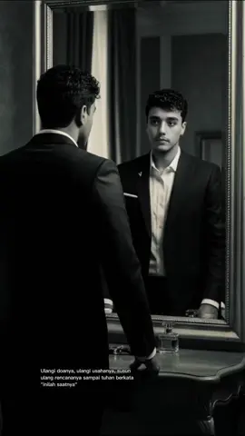 ‏ dramatic black and white photo showing of a young man.The man was standing in front of the mirror, wearing a dark formal suit and a white shirt. The man faced the mirror, while the camera captured him from behind, highlighting his back and the reflection of his serious face in the mirror. The tubu pose is slightly hunched over and the man's hands touch the table, giving an elegant and confident impression. Lighting focuses on the face and the front of the body through mirror reflections, with intense shadows surrounding the right and left sides, creating a mysterious and artistic atmosphere. The background of the room looks like a hotel room or an exclusive dressing room, with a small table and a perfume bottle at the bottom of the picture. Classic visual style, high contrast, full of dramatic nuances and cinematic aesthetics. Ratio 9:16