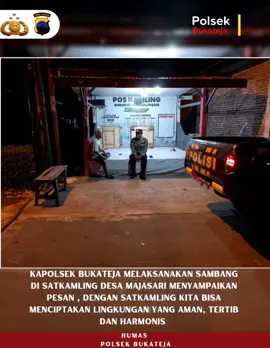 Kapolsek Bukateja melaksanakan sambang di Satkamling Desa Majasari menyampaikan pesan, Dengan dengan satkamling kita bisa menciptakan lingkungan yang aman, tertib dan harmonis   #polisihadiruntukmasyarakat #poldajatenghadir #polisipengayompelayanpelindungmasyarakat #kamibersamapolri #humaspolrespurbalingga 