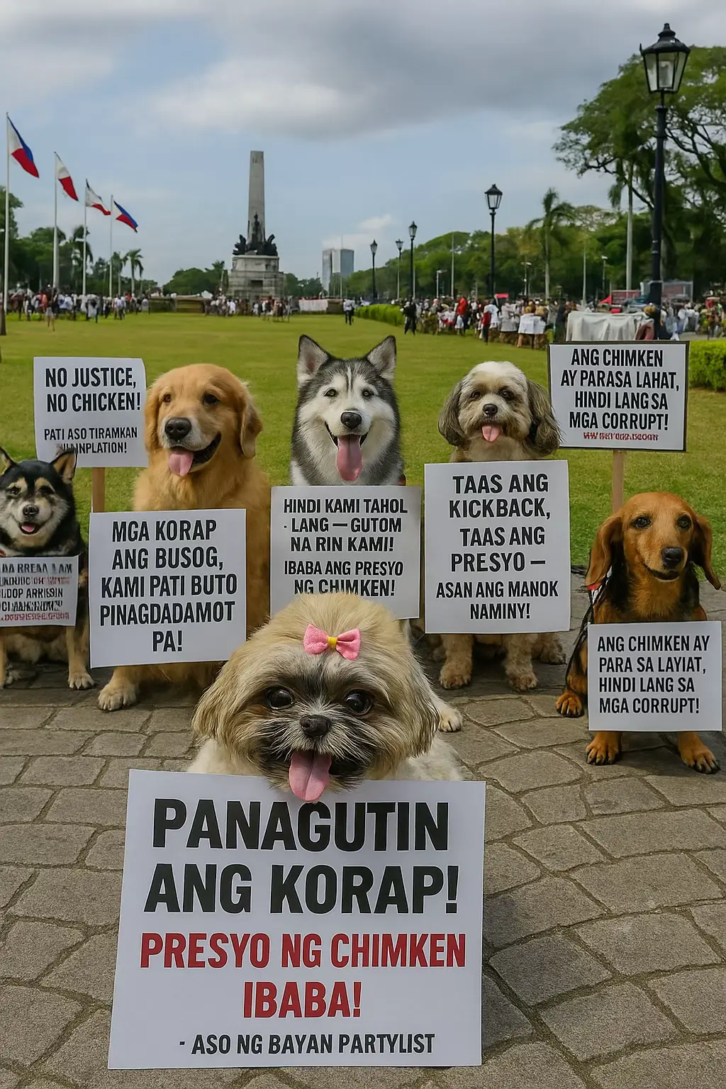 Mga aso ng bayan, nag-rally na rin sa Luneta! Panawagan: Ibaba ang presyo ng chimken, panagutin ang mga korap! 🐾🍗 #AsoNgBayanPartylist #NoJusticeNoChicken #IbagsakAngPresyoNgChimken