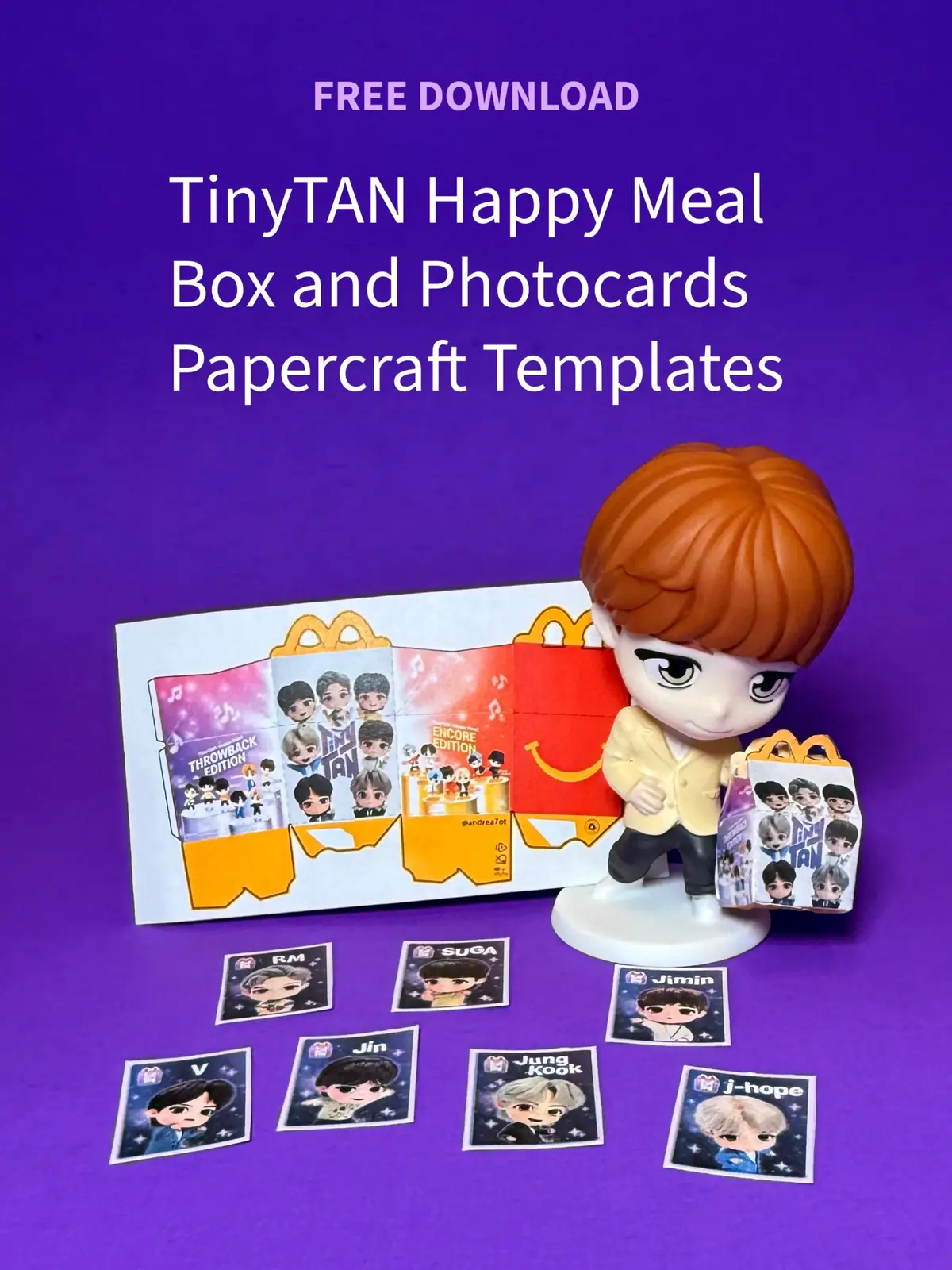 I uploaded the templates so everyone could make their own BTS Tiny Tan Happy Meal toy boxes and photocards. It’s a fun DIY craft! Hold down each image to download and print to the size you want. I recommend using an exacto knife for the handles and making all the folds in the box before gluing. The actual McDonald’s box is great to use as a reference! #tinytan #btsmcdonalds #happymealtoy #btsfyp #btsarmy