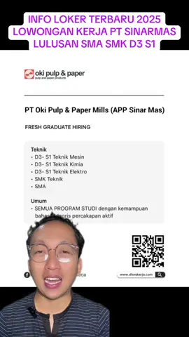 Lowongan Kerja PT Oki Pulp & Paper Mills (APP Sinar Mas) FRESH GRADUATE HIRING Teknik • D3- S1 Teknik Mesin • D3- S1 Teknik Kimia • D3- S1 Teknik Elektro • SMK Teknik • SMA Umum • SEMUA PROGRAM STUDI dengan kemampuan bahasa Inggris percakapan aktif Lihat detail: https://www.disnakerja.com/pt-oki-pulp-paper-mills-app-sinarmas-group/ #infoloker #carikerja #lowongankerja #lokerterbaru #loker2025 