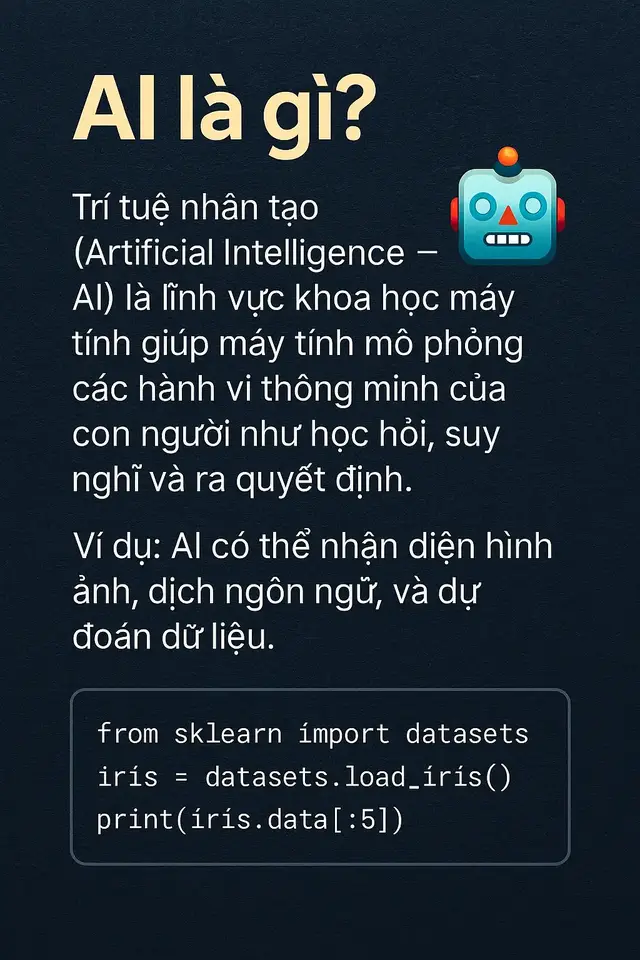 Bài học này giới thiệu các kiến thức cơ bản về trí tuệ nhân tạo (AI), bao gồm khái niệm AI, các loại AI, ứng dụng trong đời sống, Machine Learning, Deep Learning, thuật toán, dữ liệu, quá trình huấn luyện, đánh giá mô hình, và tương lai của AI. Học viên sẽ nắm được các nguyên lý cơ bản, ví dụ minh họa và các đoạn code nhỏ giúp dễ hình dung cách hoạt động của AI trong thực tế. #machinelearning #AI #deeplearning #bigdata #congnghe 