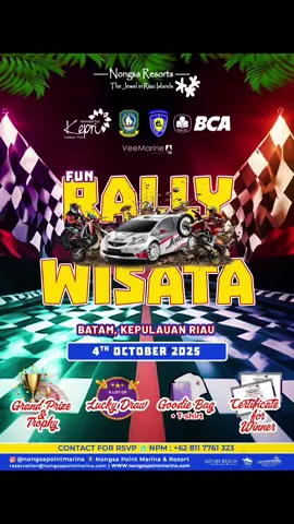 Ikuti dan daftar segera ajang Rally Fun Wisata Batam - Kepulauan Riau, jelajahi sensasi Rally Wisata bersama IMI Kepri dalam mendukung kunjungan Pariwisata di Kepri, Bapak Rizki Faisal Anggota DPR RI Komisi III memberi dukungan penuh event Rally Wisata yang akan di ikuti wisatawan mancanegara dan nusantara. Trims kasih IMI Kepri, Polda Kepri, Walikota Batam dan Wakil Walikota Batam, Nongsa Resort, BCA dan yang terlibat dalam event ini. Jangan lupa 4 Oktober 2025. #rizkifaisal  #DPR_RI_Komisi_3 #rallywisatabatam #wonderfulkepri #wonderfulindonesia 