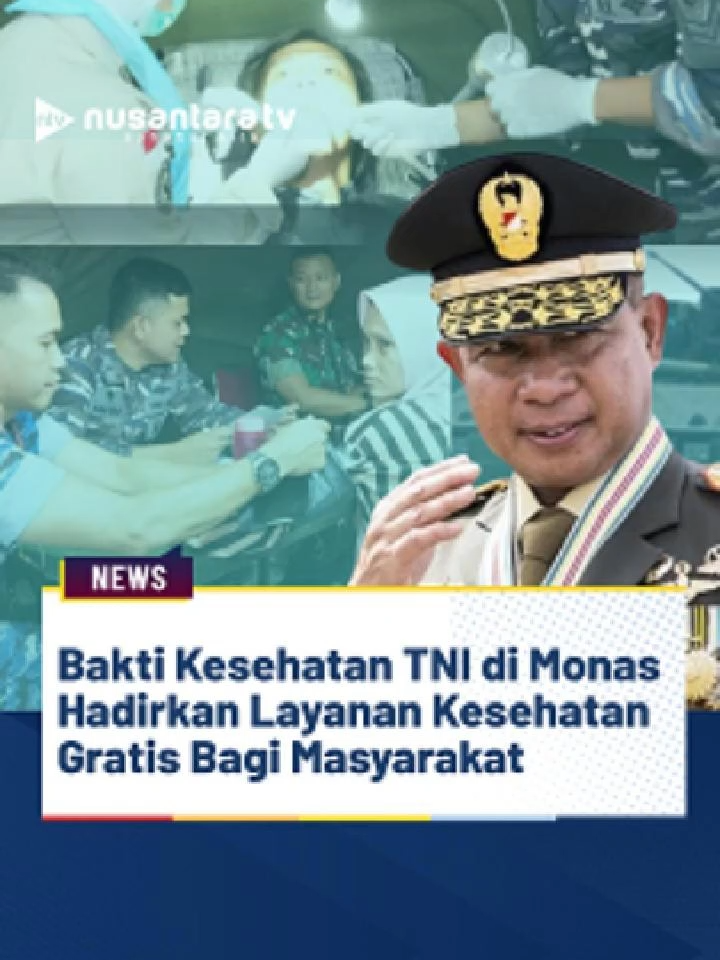 Salah satu kegiatan yang menarik perhatian masyarakat di kawasan Monas adalah bakti sosial kesehatan dengan berbagai layanan gratis. Kegiatan ini menjadi bagian dari rangkaian Pesta Rakyat dalam rangka memeriahkan Hari Ulang Tahun (HUT) ke-80 TNI yang digelar di Lapangan Silang Monas, Jakarta Pusat, Sabtu (20/9/2025). Acara TNI Fair dan Bakti Sosial ini dihadiri langsung Panglima TNI, Jenderal TNI Agus Subiyanto, KASAD Jenderal Maruli Simanjuntak, dan KASUM TNI Letjen Richard Tampubolon. Dalam kesempatan tersebut, TNI mendirikan Rumah Sakit Lapangan TNI tiga matra serta menghadirkan layanan kesehatan berskala besar bagi masyarakat. Layanan yang diberikan serba angka 8. Meliputi 80.000 peserta donor darah, 80.000 penerima layanan pengobatan umum, 800 pemeriksaan gigi, 800 anak peserta khitanan massal, 800 pasien operasi katarak, 8 pasien operasi bibir sumbing, serta 800 pengemudi ojek online yang mendapat pelatihan Bantuan Hidup Dasar (BHD). Kegiatan ini juga menunjukkan keterpaduan TNI dengan berbagai pihak baik swasta, yayasan, lembaga maupun institusi lain yang memiliki visi selaras, yaitu meringankan beban masyarakat. (en) #TNI #baktisosial #kesehatangratis #HUTTNI #nusantaratv #nusantaratvsahabatkita