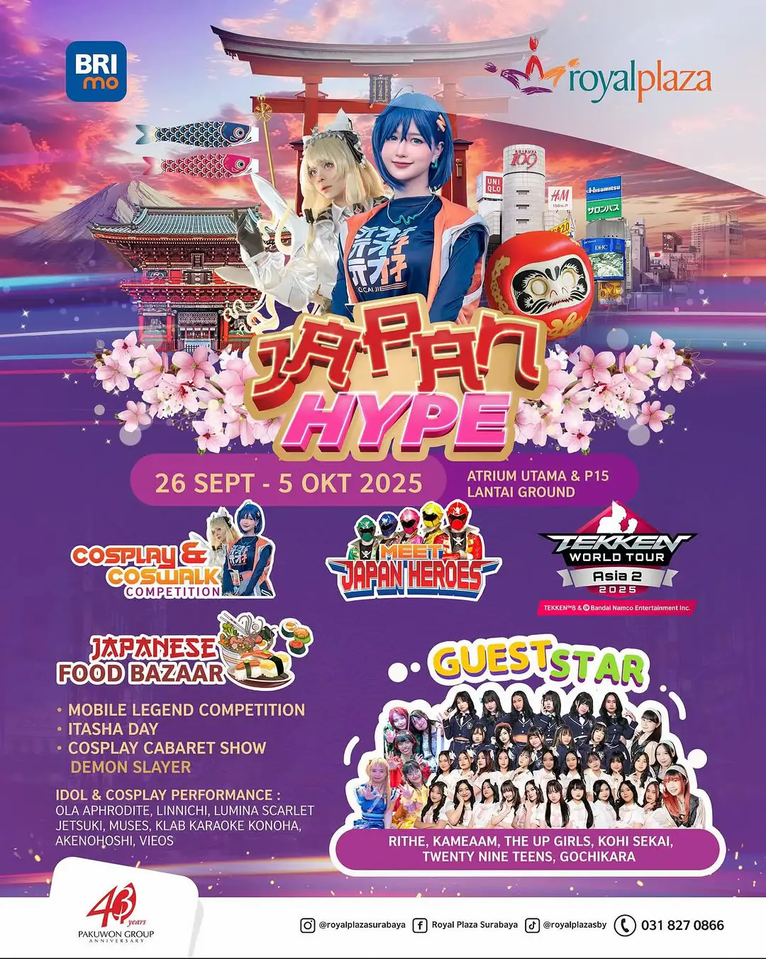 🎏🌸KONICHIWA MINNASAN!🌸🎏 Siap-siap untuk mengikuti event Jepang ter-seru di Royal Plaza Surabaya. Akan ada special Guest Star seperti Rithe, Kameaam, dll Ada juga berbagai macam lomba, event, dan ada special performance dari Idol Group serta Cosplayer: Ola Aphrodite, Linnichi, Lumina Scarlet dan masih banyak lagi🤗✨ Yuk catat tanggalnya dan ajak teman kamu hadir ke Japan Hype 2025🇯🇵 📅 26 September - 5 Oktober 2025 📍Atrium Utama & Promo 15, Royal Plaza Surabaya See you!💞 Sponsored by @bri_regionalsurabaya #EventJawaTimur #royalplaza #royalplazasurabaya #iloveroza #idoljatim 