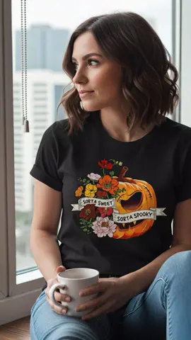When your outfit says “cute pumpkin” 🌸🎃 but your soul says “boo!” 👻 #SortaSweetSortaSpooky #halloween #tshirt 