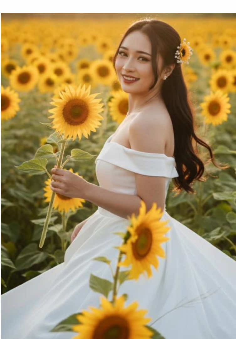 Joint Gemini AI, prompt : Ubahlah foto tanpa merubah bentuk wajah , seorang wanita muda yang cantik berkulit putih sedang berada ditaman penuh bunga matahari besar. Dengan cahaya senja sore hari , wanita tersebut tersenyum manis kearah kamera dengan angle dari samping. Wanita itu berdiri sambil membawa setangkai bunga matahari dan menari sambil memutar gaunnya. Wanita tersebut tersenyum manis.Ia memakai gaun putih berlengan sabrina. Hiasan bunga terselip ditelinganya. Semakin mempercantik rambutnya yang tergerai indah bergelombang yang diterpa angin.  #promptgeminiai #geminiai 