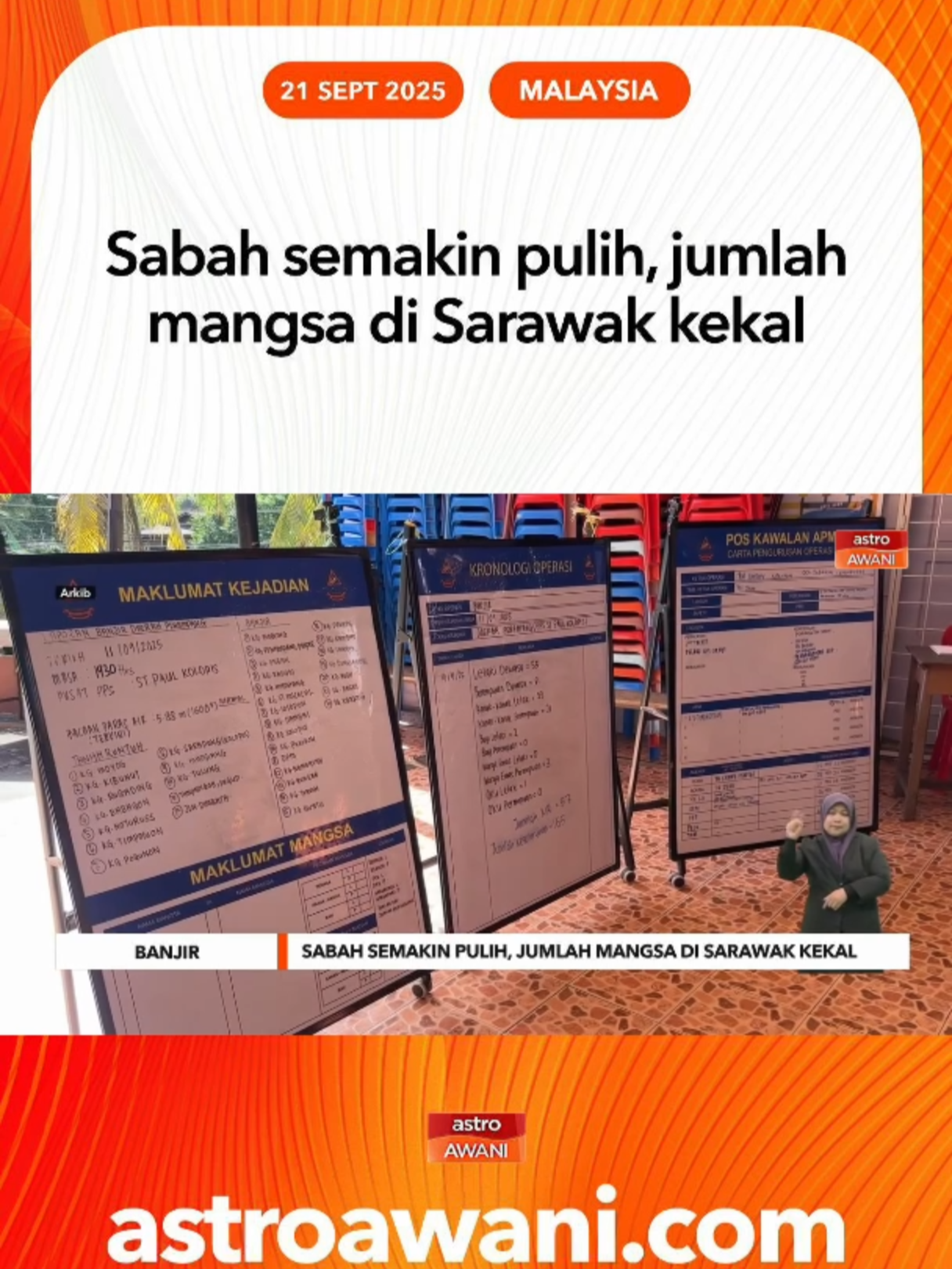 Situasi banjir di Sabah semakin pulih manakala jumlah mangsa di Sarawak masih kekal setakat petang ini. Jawatankuasa Pengurusan Bencana Negeri (JPBN) Sabah dalam kenyataan hari ini memaklumkan jumlah mangsa berkurangan kepada 130 orang daripada 31 keluarga petang ini, berbanding 439 orang daripada 128 keluarga pagi tadi. #AWANInews #AWANI745