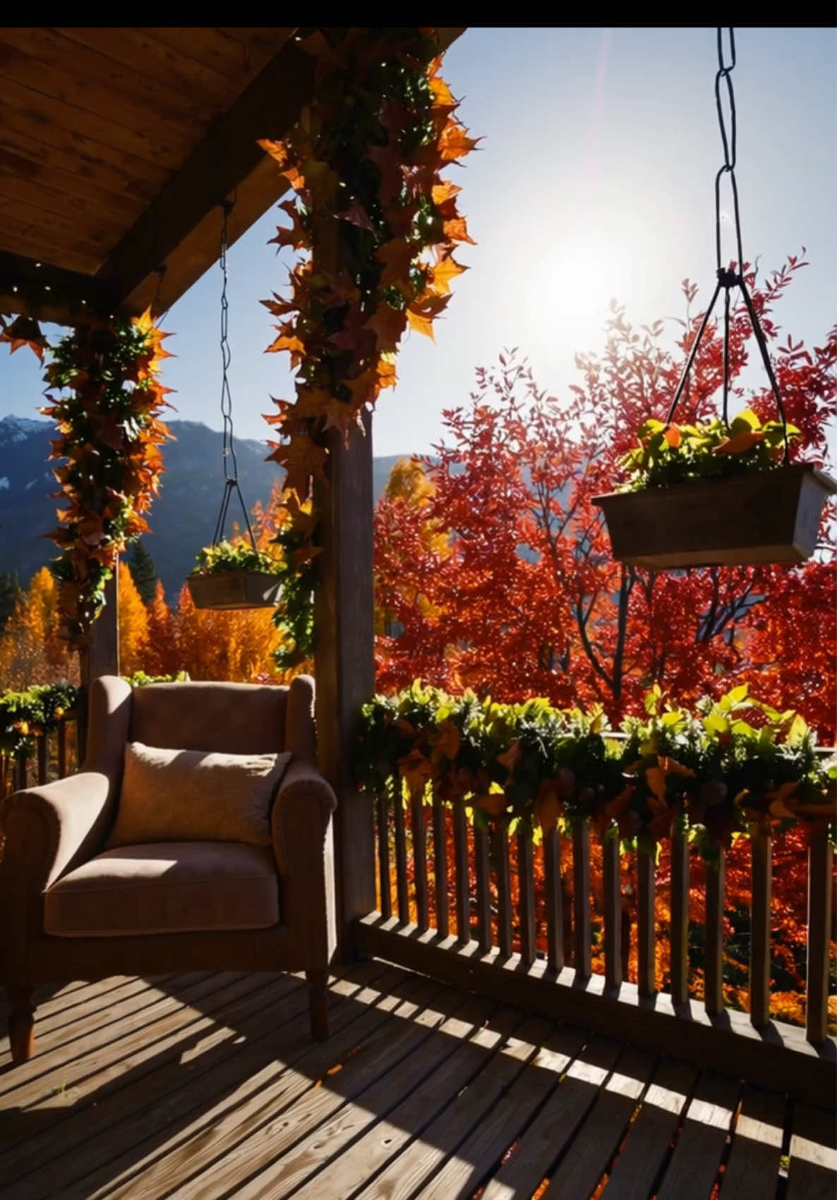 ☕🍁 Cozy Autumn Morning on the Porch | Mountain View & Fall Colors 🍁☕ Watch this cinematic 8K UHD 9:16 video of a peaceful autumn morning in the mountains. A steaming coffee mug rests on a rustic porch beside a soft brown blanket, while snow-capped peaks rise beyond a forest of fiery red, deep orange, and golden leaves. Garlands and pink flowers frame the view, creating the ultimate cozy cabin retreat. Perfect for relaxation, morning vibes, and fall aesthetic inspiration. 🏔️🍁✨☘️ #cozymorning #autumnsunrise  #fallmorning #sunrisevibes #cozymorning 