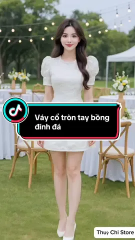 Váy cổ tròn tay bồng đính đá. #vayxinh #thoitrangnu #xuhuong #viral #thinhhanh 