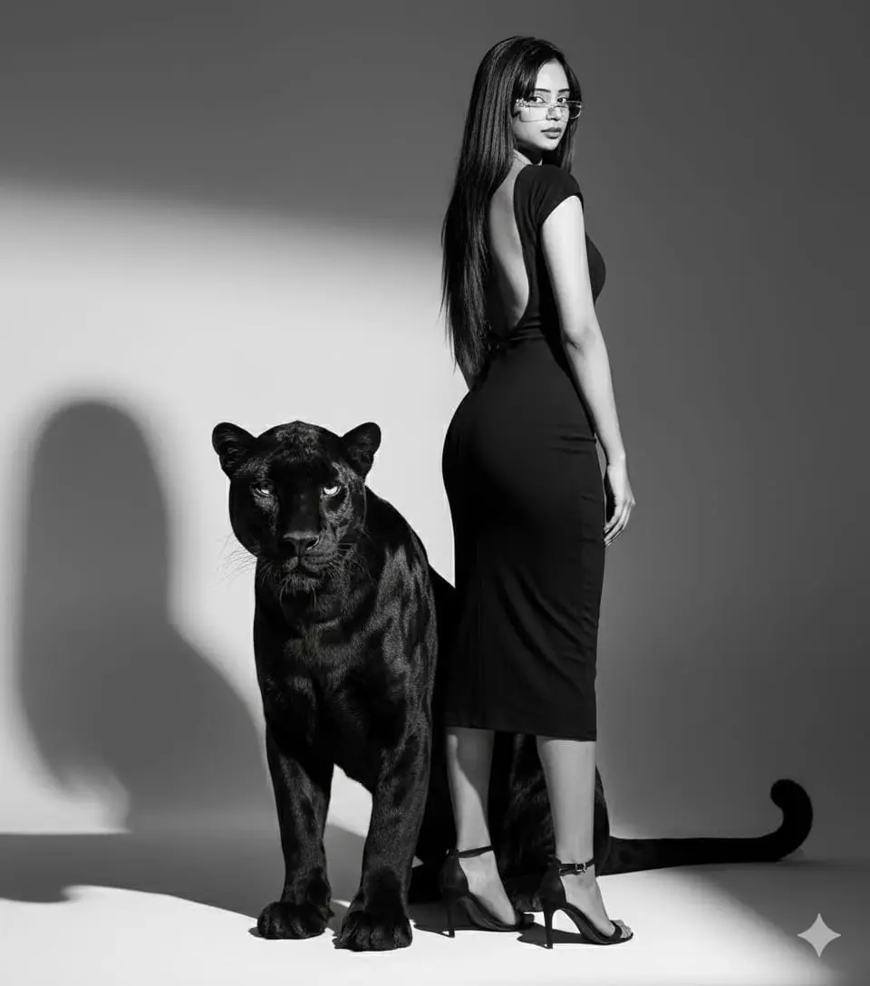 @Sara pgl 💎:Basándome en mi foto, cree un elegante retrato de moda en blanco y negro de una mujer segura de sí misma. Lleva un elegante vestido apretado al cuerpo descotado en la espalda color negro con sandalias negras, que irradia satisfacción y con una mascota pantera negra. Su larga y lisa cabellera chocolate cobrizo fluye libremente, esta de espalda con una pantera negra y las dos miran al frente con una expresión serena y segura de sí misma. La dramática iluminación de estudio proyecta sombras intensas sobre un fondo liso, creando un look editorial atemporal y elegante. La chica tiene que estar de espalda mirando hacia la camara, la pantera de frente lado a lado ella lleva una lisa cabellera rubia fluye libremente, esta de espalda con una pantera negra y las dos miran al frente con una expresión serena y segura de sí misma. La dramática iluminación de estudio proyecta sombras intensas sobre un fondo liso, creando un look editorial atemporal y elegante. #paratiiiiiiiiiiiiiiiiiiiiiiiiiiiiiii #paratiiiiiiiiiiiiiiiiiiiiiiiiiiiiiii #paratiiiiiiiiiiiiiiiiiiiiiiiiiiiiiii #paratiiiiiiiiiiiiiiiiiiiiiiiiiiiiiii 