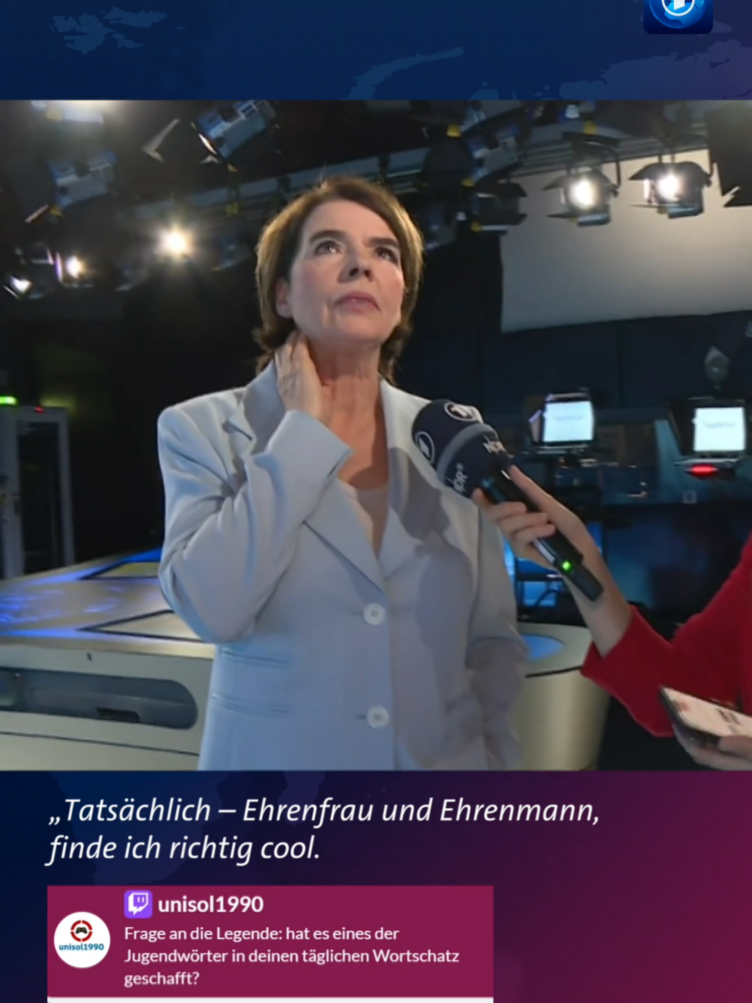 „Hat es eines der Jugendwörter in deinen täglichen Wortschatz geschafft“, fragte ein User im Livestream von tagesschau together. Moderatorin Susanne Daubner findet Ehrenfrau und Ehrenmann ganz cool. #daubner #tagesschautogether
