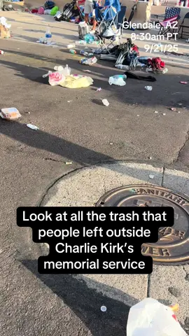 Look at all this trash that people left outside of Charlie Kirk’s memorial service at State Farm Stadium in Glendale. People couldn’t bring anything in to the stadium so they just left it on the ground here. #kirk #charliekirk #charlie #arizona @WFAA 