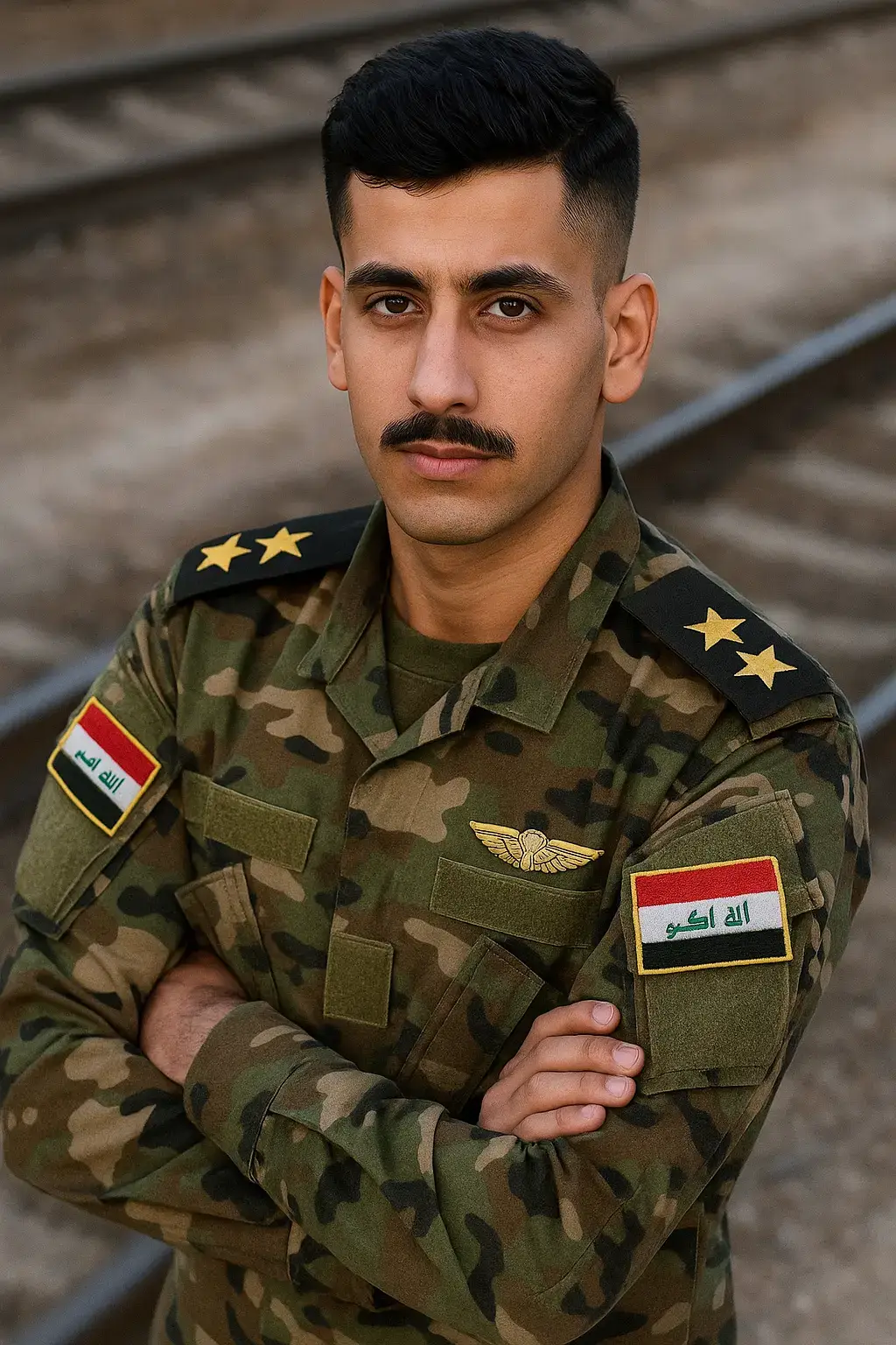 # صورة واقعية عالية الدقة لضابط شاب في جيش الشرق الأوسط يقف بثقة وذراعاه متقاطعتان ، مرتديا زيا عسكريًا مموها مفصلاً مع بقع العلم العراقي واضحة للعيان على كلا الكتفين وشارة نجمة على كل كتف ، رقعة أجنحة المظليين على الصدر ، طبيعي شارب نظيف ، شعر أسود مصمم بدقة ، تم تصويره من زاوية أعلى قليلاً ، مسارات السكك الحديدية غير واضحة في الخلفية ، إضاءة طبيعية ناعمة تبرز وجهه وتفاصيل موحدة ، عمق مجال ضحل ، أسلوب صورة واقعي للغاية