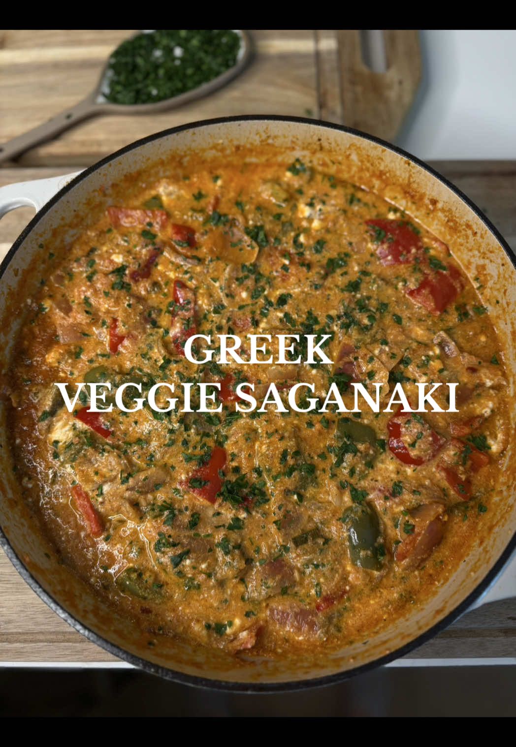 The Perfect Shared Appetizer!! This dish is everything you want in a Greek meze: colorful vegetables simmered in a rich tomato sauce, a touch of chili heat, and creamy feta melting into every bite. It’s hearty yet light, perfect for gathering around the table with friends and sharing alongside some crusty bread and a glass of wine. Ingredients: • 2 green peppers, roughly chopped • 3 red peppers, roughly chopped • 2 onions, roughly chopped • 2 fresh spring onions, finely chopped • 4 garlic cloves, finely chopped • 3 ripe tomatoes, blended • 1/2 cup (100 ml) extra virgin olive oil • 1/3 cup (80 ml) red vinegar • 3/4 cup (200 ml) water • Salt & Black pepper, to taste  • Chili flakes (bukovo), to taste • 1 tsp dry thyme or dry oregano  • 7oz (200 g) feta cheese, crumbled by hand • Fresh parsley, chopped Instructions: In a pan, heat the olive oil and sauté the onions (both fresh and dry) until soft. Add the garlic and cook for 1 minute, then add the peppers and sauté until slightly softened. Deglaze with the red vinegar. Add the blended tomatoes, salt, black pepper, chili flakes, and water. Cover with a lid and let simmer gently for about 30 minutes. Stir occasionally and check if it needs more hot water to avoid sticking. Take it out of the heat and add immediately the crumbled feta and stir gently. Then add the chopped parsley and let everything come together for a few minutes. Serve warm with crusty bread for dipping. #greeksaganaki #saganaki #greekcuisine🇬🇷 #alexandrashome #fypシ゚viral 