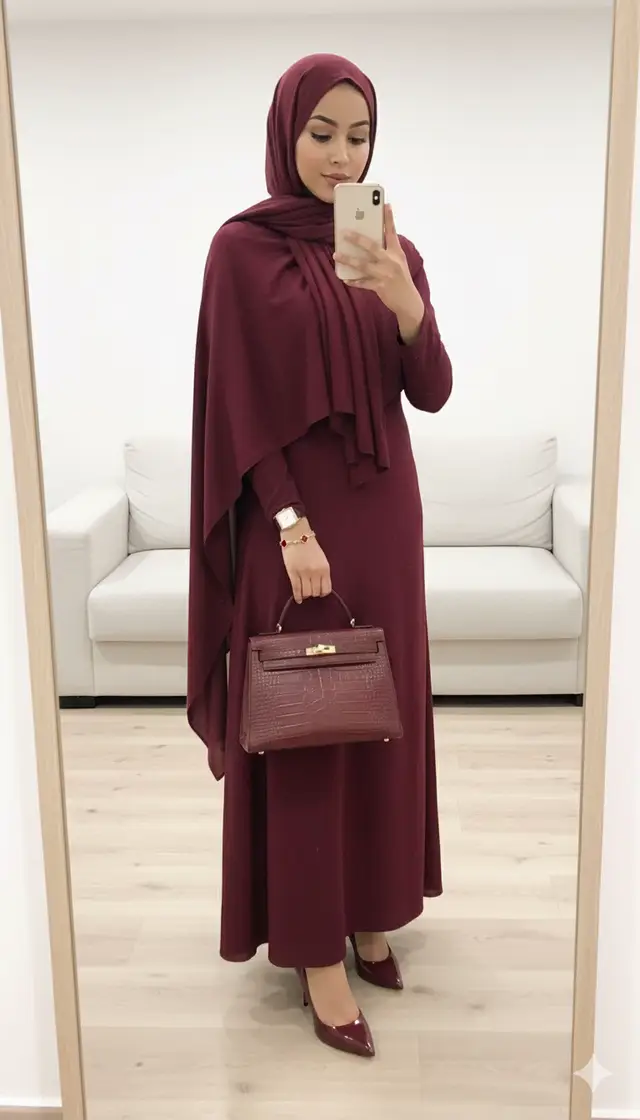 #gemini #fyp #Ai #photoshoot  I want you to make me a picture without changing my face. I’m holding an iPhone in my hand, standing in front of a half-body mirror. My height is 1.65cm, weight 68kg, and my skin color is light. These are the clothes I’m wearing:” with hijab