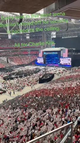 Every seat in this giant arena that isn’t roped off for security is packed to the ceiling.  All for Charlie Kirk.