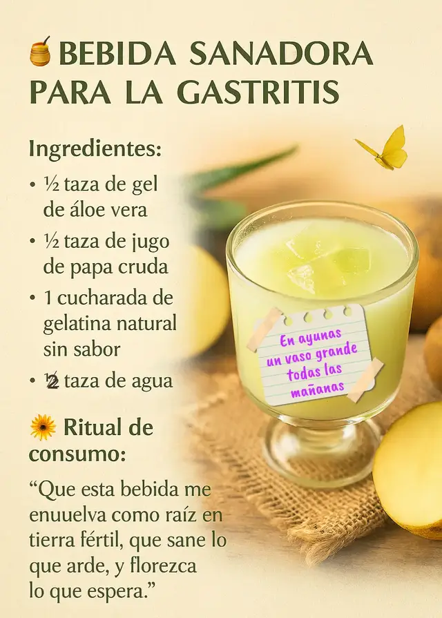 Para hacer una gelatina con jugo de aloe y papa, puedes licuar una papa sin cáscara (previamente lavada), el gel de la hoja de aloe vera (con la parte amarilla y verde eliminada) y agua hasta obtener un líquido homogéneo. Luego, puedes agregar gelatina sin sabor 1o 2 cucharadas mezclar bien y refrigerar hasta que cuaje para obtener tu gelatina, aunque esta combinación es más común en jugos para la salud digestiva que en gelatina.  Ingredientes:  1 trozo de sábila (aloe vera) 1 papa con cáscara, lavada 1 vaso de agua tibia o fría Gelatina sin sabor 1o 2cucharadas  Miel (opcional, para endulzar) Preparación del jugo de aloe y papa: Prepara la sábila: Lava bien la hoja de aloe vera, pélala completamente y retira cualquier parte amarilla o verde que pueda ser amarga o irritante. Luego, extrae la pulpa o gel de la hoja.  Prepara la papa: Lava bien la papa y córtala en trozos.  Licúa los ingredientes: Coloca la pulpa de sábila, la papa y un vaso de agua en la licuadora.  Licúa hasta obtener un jugo homogéneo: Licúa todos los ingredientes durante un minuto a máxima velocidad para asegurar que no queden texturas de baba o restos de la papa.  Añade gelatina si deseas: Si quieres que el resultado sea una gelatina, puedes agregar gelatina sin sabor al líquido, mezclando bien para que se hidrate y se disuelva. Propiedades: Esta combinación se usa a menudo como remedio casero para problemas digestivos, ya que la papa puede neutralizar el exceso de ácido estomacal y la sábila tiene propiedades antiinflamatorias.  Preparación del gel de aloe vera: Es crucial preparar bien el gel de aloe para eliminar la parte amarga.  Bebida en lugar de gelatina: Puedes beber este jugo sin gelatina para aprovechar sus propiedades digestivas, lo cual es más común. #gastritis #aloevera #papa #gelatinasinsabor #prevencióndeenfermedades 