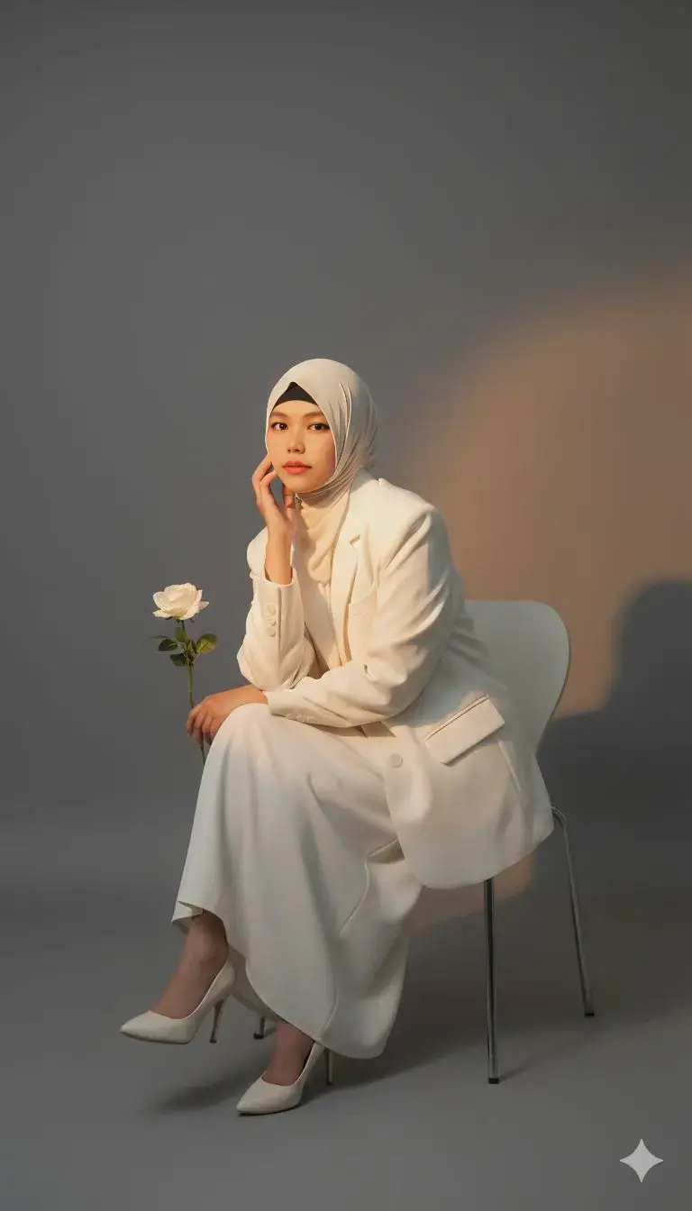 Edit foto ini menjadi foto duduk santai di studio foto dengan pantulan cahaya senja. Ia mengenakan outfit serba putih tulang : Blazer oversize dan rok putih tulang, high heels putih tulang, hijab putih tulang. Anggle dari depan, gaya elegan dan edgy dengan gaya misterius. Tangan di dagu memegang bunga dan wajah. #fyp #foryou #geminipromt #geminiai 