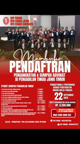 DPP FERARI DPD FERARI JATIM DPC FERARI SURABAYA membuka Pendaftaran pengangkatan dan sumpah advokat di pengadilan tinggi jawa timur. Baca Syarat dan ketentuan di flayer berikut ini. #pengangkatandansumpahadvokat #pengadilantinggisurabayajawatimur #ferari #surabaya #advokatsurabaya 
