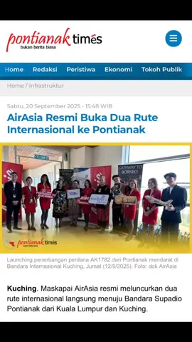 Kuching. Maskapai AirAsia resmi meluncurkan dua rute internasional langsung menuju Bandara Supadio Pontianak dari Kuala Lumpur dan Kuching. Kehadiran rute baru ini semakin memperkuat jaringan AirAsia antara Malaysia–Indonesia serta mendukung peningkatan konektivitas dan pertumbuhan ekonomi kawasan. Dalam rilis resmi AirAsia, penerbangan perdana AK1782 dari Pontianak mendarat di Bandara Internasional Kuching disambut dengan pertunjukan budaya, Jumat (12/9/2025).  Hadir dalam penyambutan itu, Wakil Menteri Pariwisata Sarawak YB Datuk Snowdan Lawan, Deputi Direktur Senior Tourism Malaysia Jamilah Binti Abdul Halim, CEO AirAsia Malaysia Dato’ Kapten Fareh Mazputra, dan CEO Dewan Pariwisata Sarawak Mdm Sharzede Salleh Askor. lanjutkan membaca... pontianak-times.co.id #updatekalbar #beritatiktok #kalimantanbarat #pontianakviral #airasia 