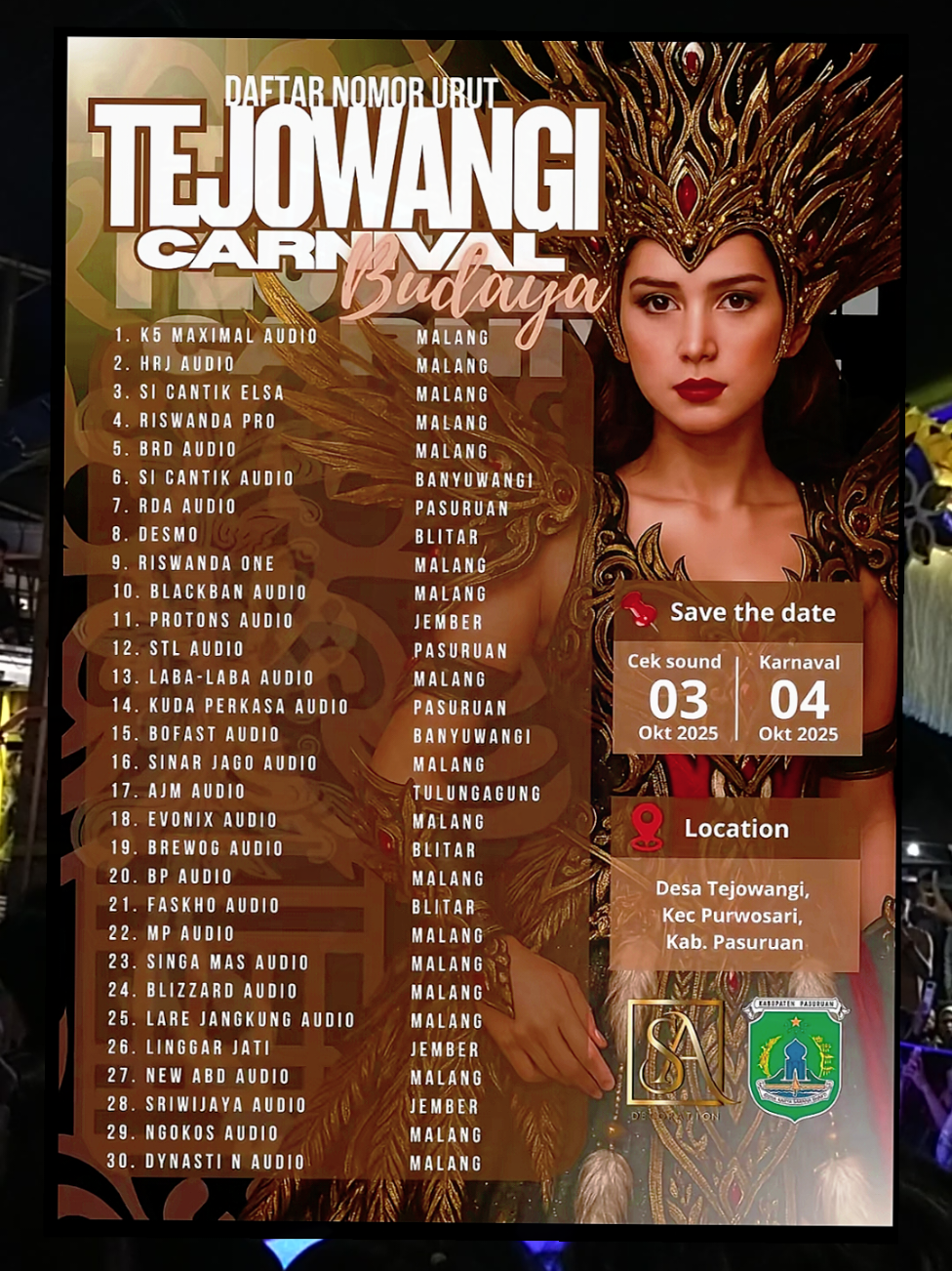 🔥 “Sound System Terbesar Siap Mengguncang Tejowangi Carnival 2025!” 🔥 Siap-siap Pasuruan! 🎶🎤 Karnaval budaya + sound system paling gahar bakal bikin Desa Tejowangi pecah abis! 🚀✨ 📍 04 Oktober 2025 | Desa Tejowangi,Purwosari,Pasuruan #TejowangiCarnival #SoundSystem #KarnavalBudaya #PasuruanVibes #FYP