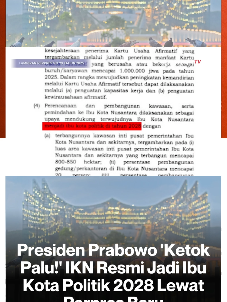 Keputusan monumental telah diambil Presiden RI Prabowo Subianto pada Jumat (19/9/2025). Secara resmi, ia mengukuhkan status Ibu Kota Nusantara (IKN) sebagai Ibu Kota Politik mulai tahun 2028.  Penetapan ini dituangkan dalam Peraturan Presiden (Perpres) Nomor 79 Tahun 2025 yang diundangkan pada 30 Juni 2025. Dalam beleid tersebut, secara eksplisit disebutkan bahwa 'Perencanaan dan pembangunan kawasan, serta pemindahan ke Ibu Kota Nusantara dilaksanakan sebagai upaya mendukung terwujudnya Ibu Kota Nusantara menjadi ibu kota politik di tahun 2028.' Presiden Prabowo juga merinci target ambisius untuk pembangunan IKN, khususnya di Kawasan Inti Pusat Pemerintahan (KIPP).  Fokus utamanya adalah pembangunan masif di Kawasan Inti Pusat Pemerintahan (KIPP) dan sekitarnya. Berikut rinciannya: Luas Area Terbangun: Mencapai 800-850 hektar. Pembangunan Perkantoran: Target mencapai 20 persen. Pembangunan Hunian: Target terbangun sekitar 50 persen. Sarana Prasarana Dasar: Cakupan ketersediaan mencapai 50 persen. Selain itu, Perpres juga menggarisbawahi target pemindahan Aparatur Sipil Negara (ASN) dan penyelenggaraan pemerintahan di IKN. Layanan kota cerdas (smart city) di kawasan IKN juga ditargetkan mencapai cakupan 25 persen. Langkah-langkah ini akan ditempuh melalui pemindahan ASN/hankam serta penyelenggaraan sistem pemerintahan cerdas di IKN. Sumber : suara.com Aset : YT/@kompastv #AyoNobarBTV #presidenprabowo #ketokpalu #iknresmijadiibukotapolitik2028 #lewatperpresbaru