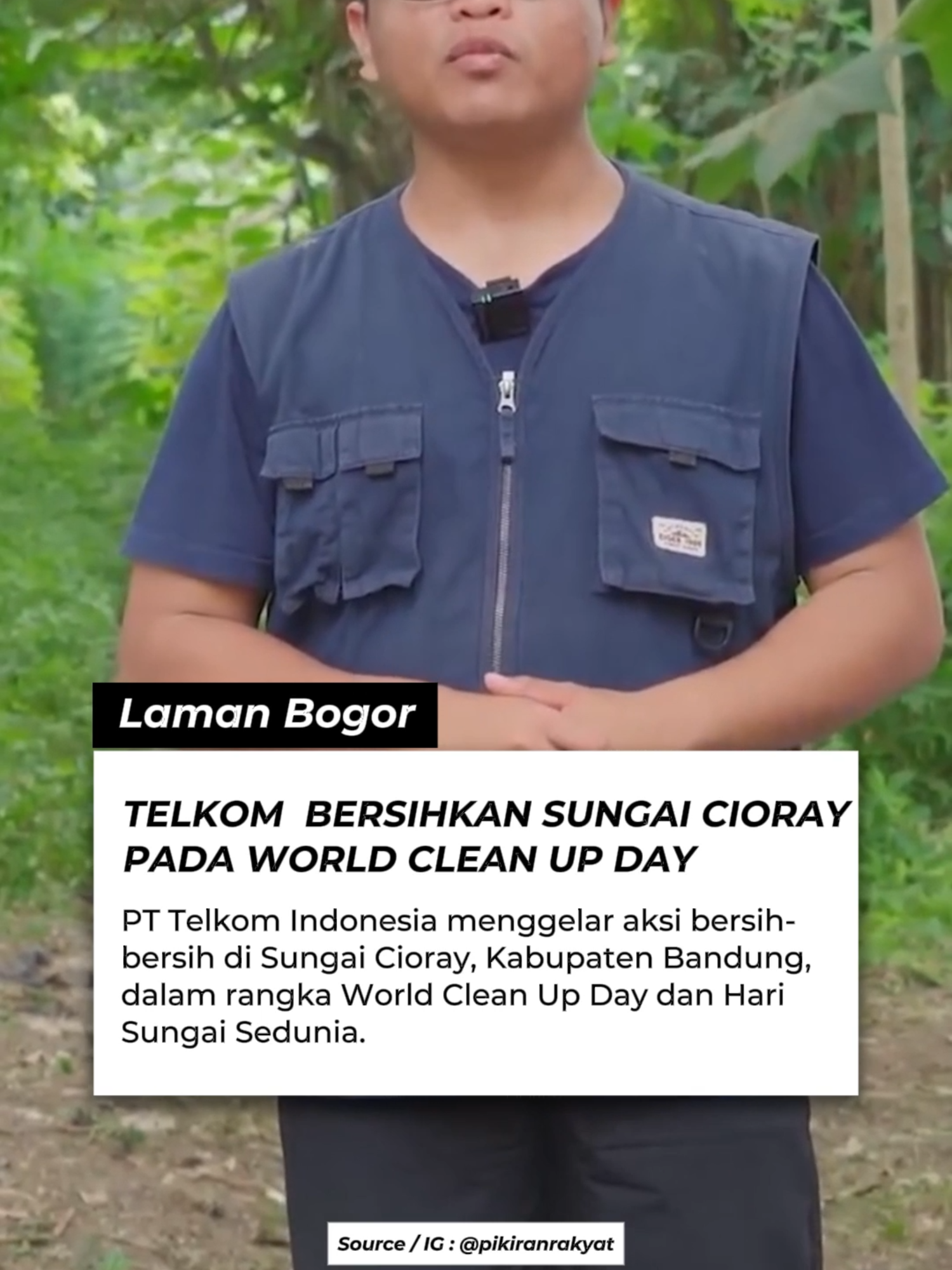 Memperingati World Clean Up Day dan Hari Sungai Sedunia, PT Telkom Indonesia menggelar aksi bersih-bersih di Sungai Cioray, Kabupaten Bandung. Kegiatan ini merupakan bagian dari program GoZero%, yang menegaskan komitmen perusahaan terhadap prinsip ESG serta menjaga ekosistem air yang bermuara ke Sungai Citarum, urat nadi lingkungan Jawa Barat. Sekitar 75 relawan terlibat dalam aksi ini, terdiri dari karyawan Telkom, mahasiswa Telkom University, hingga komunitas Pandawara Group yang dikenal aktif membersihkan ratusan titik di berbagai daerah. Kehadiran Pandawara disebut menjadi motor penggerak yang mampu menginspirasi generasi muda untuk lebih peduli terhadap lingkungan. VP Sustainability Telkom Indonesia, Gunawan Wasisto C.A, menegaskan aksi tersebut merupakan langkah nyata mengurangi limbah dan emisi. “Apa yang kita lakukan akan berdampak pada ekosistem yang lebih besar,” ujarnya, menekankan pentingnya keberlanjutan dan kolaborasi dalam melestarikan lingkungan. #LamanBogor #Pandawara #Bandung